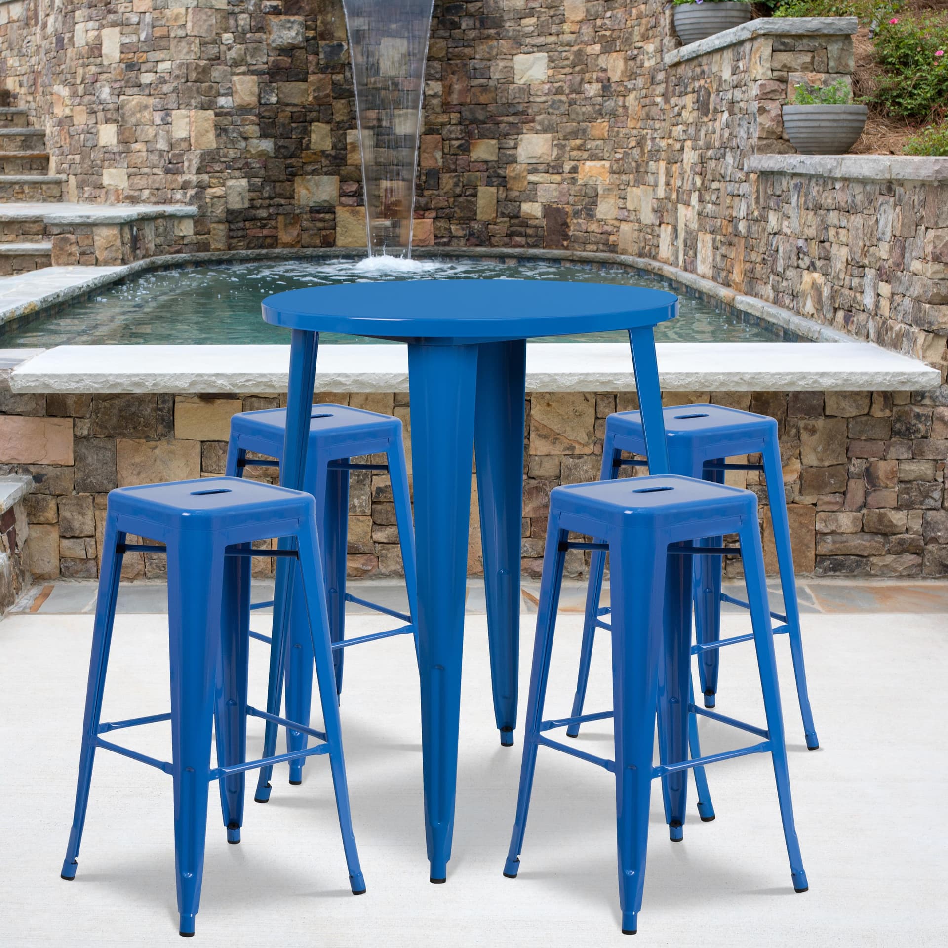 30" Round Blue Metal Indoor-Outdoor Bar Table Set with 4 Backless Stools