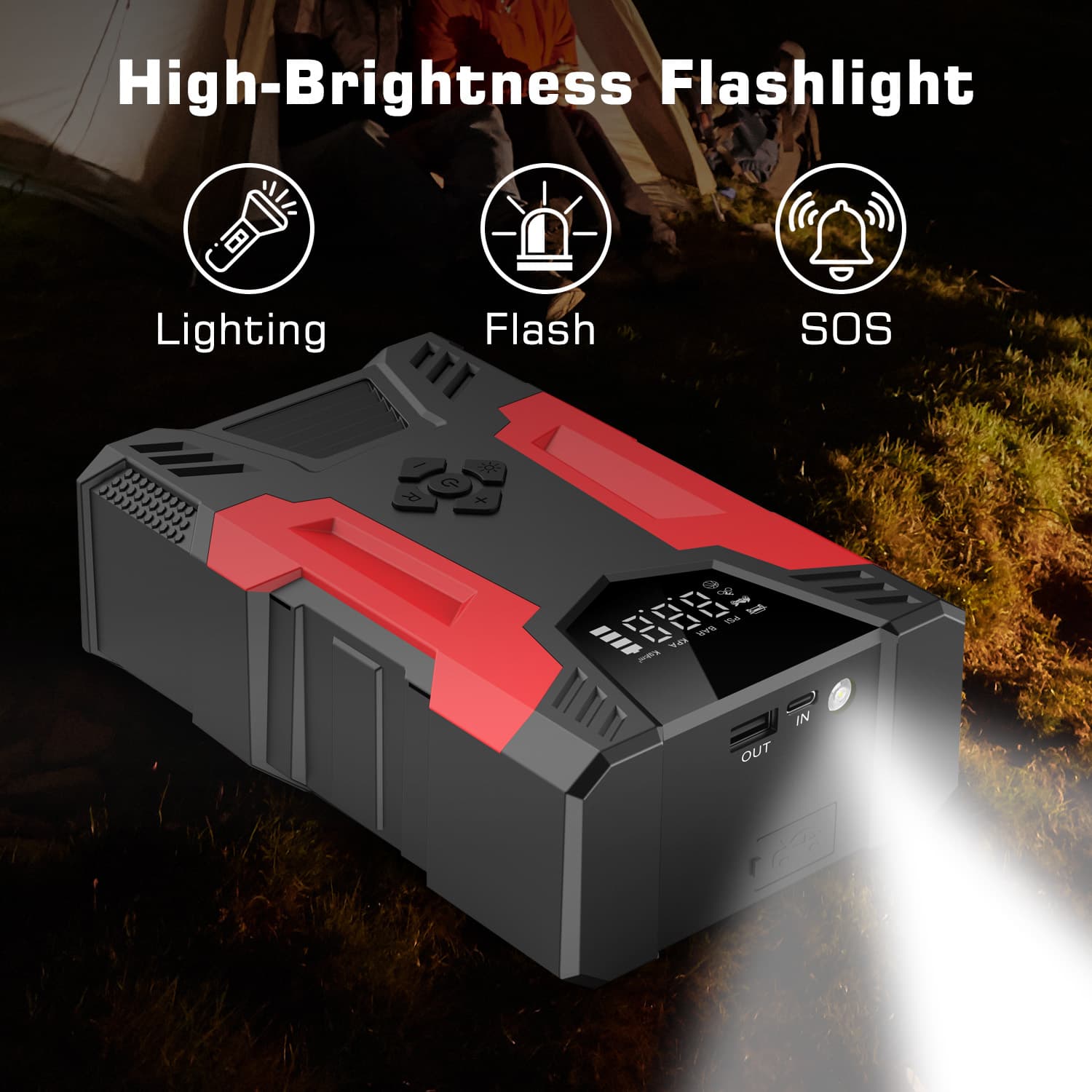 Car Jump Starter with Air Compressor and Hose, Up to 7.0L Gas/5.0L Diesel Vehicles, LED Flashlight, Power Bank, 10,000 mAh Capacity