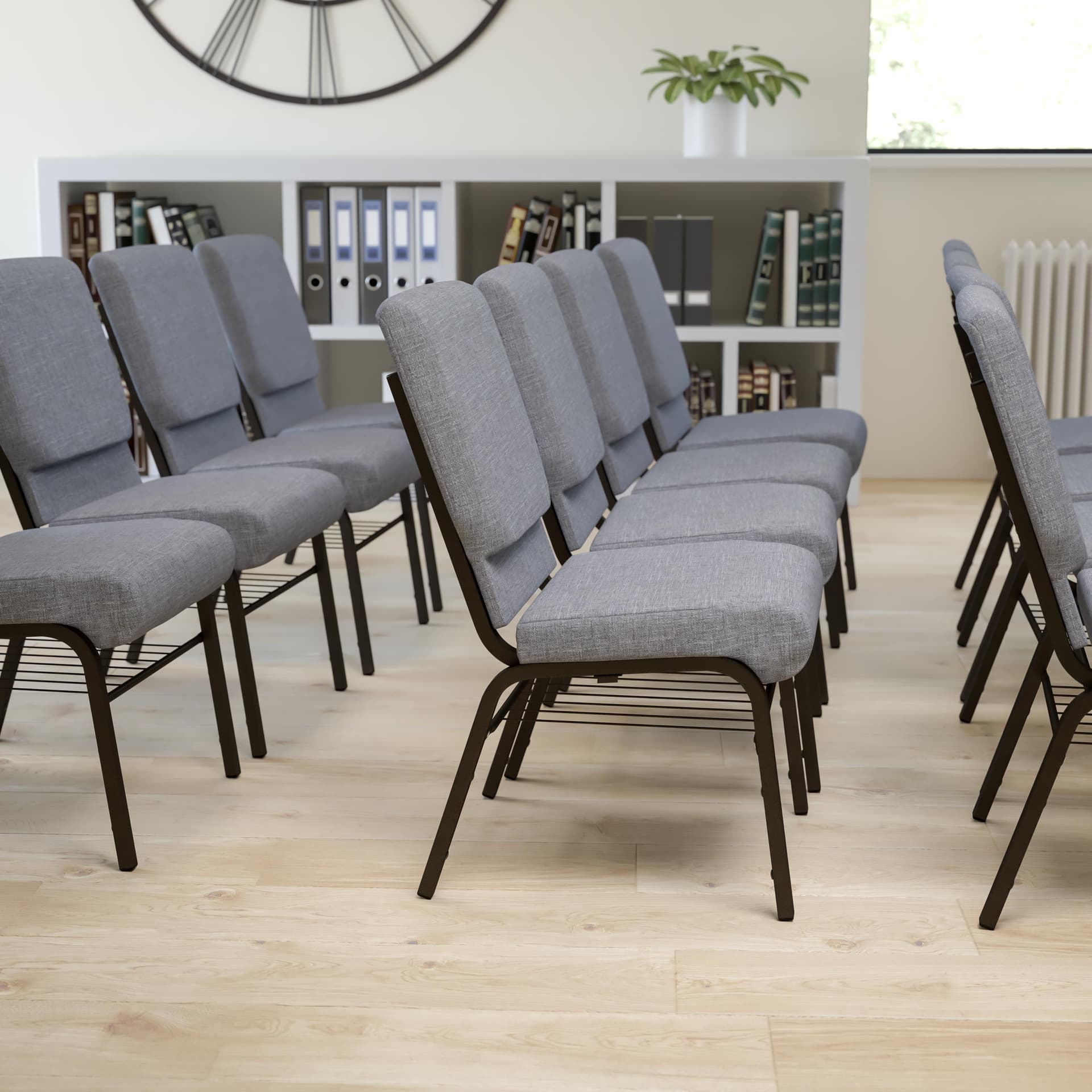 18.5"W Church Chair in Gray Fabric with Book Rack - Gold Vein Frame