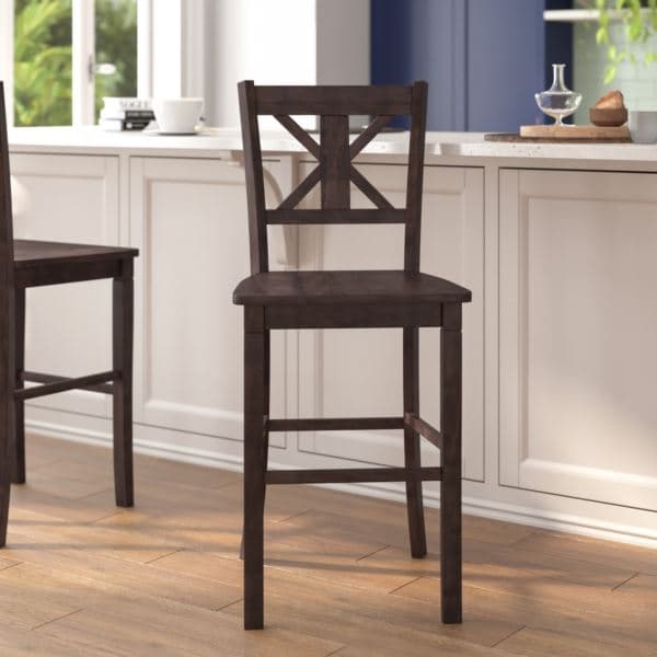 Commercial Grade Wooden Bar Height Stool in Gray Wash, Set of 2