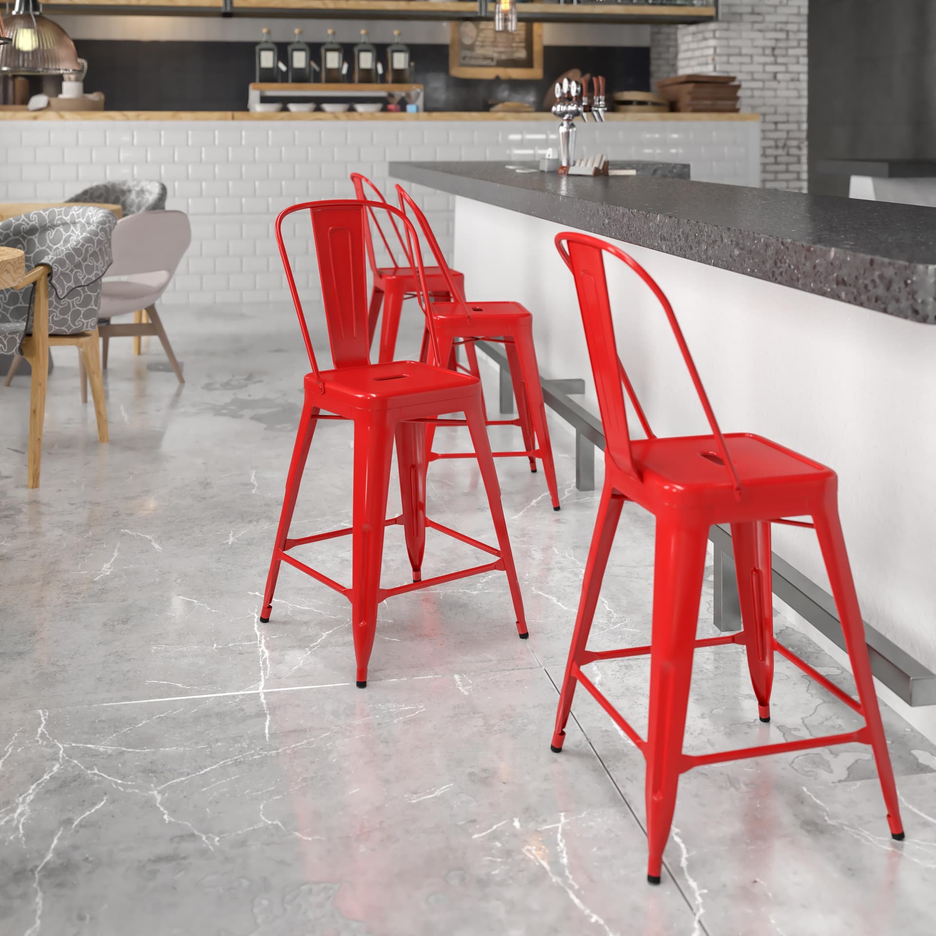 24" High Red Metal Indoor-Outdoor Counter Height Stool with Back