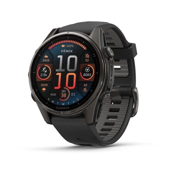 fenix 8 43 mm, AMOLEDSapphire, Carbon Gray DLC Titanium with Black/Pebble Gray Silicone Band