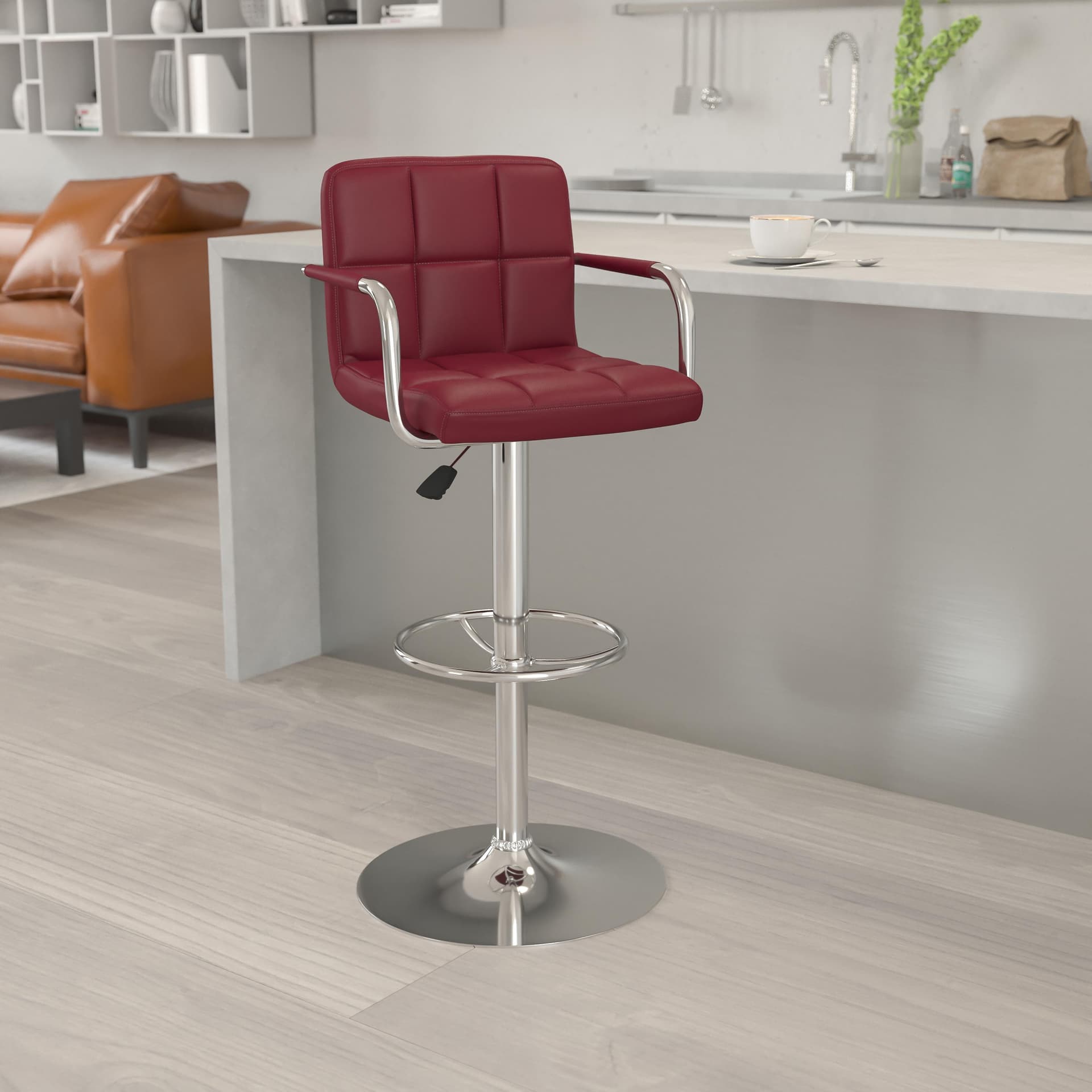 Burgundy Quilted Vinyl Adjustable Height Barstool with Arms and Chrome Base