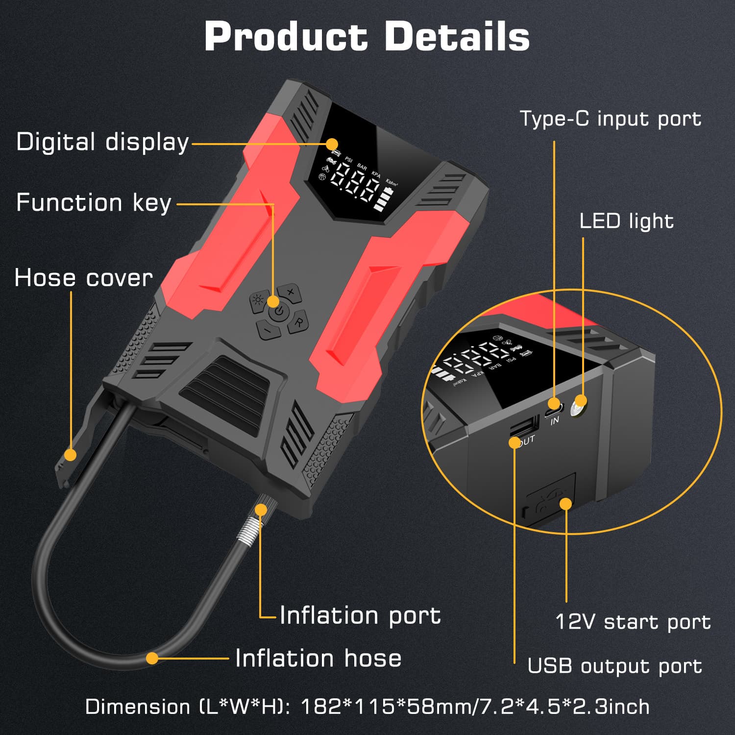 Car Jump Starter with Air Compressor and Hose, Up to 7.0L Gas/5.0L Diesel Vehicles, LED Flashlight, Power Bank, 10,000 mAh Capacity