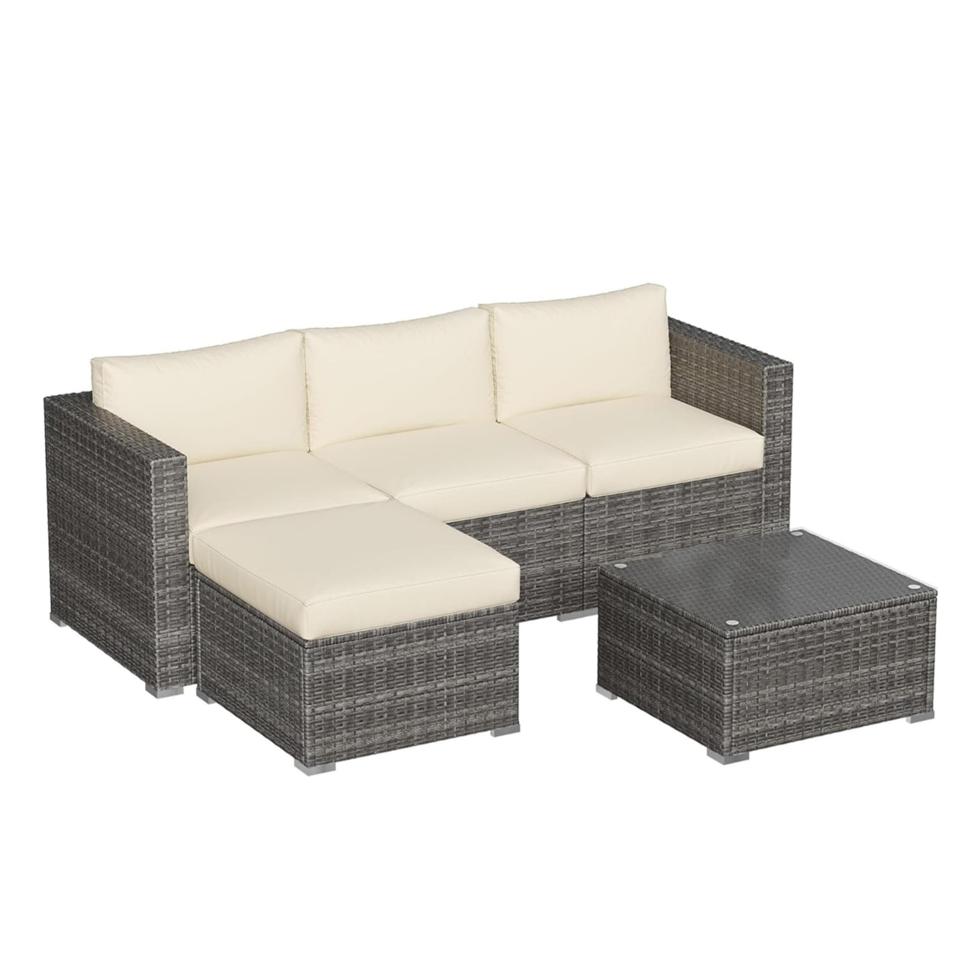 5-Piece All-Weather Wicker Patio Conversation Set w/Beige Cushions & Glass Table
