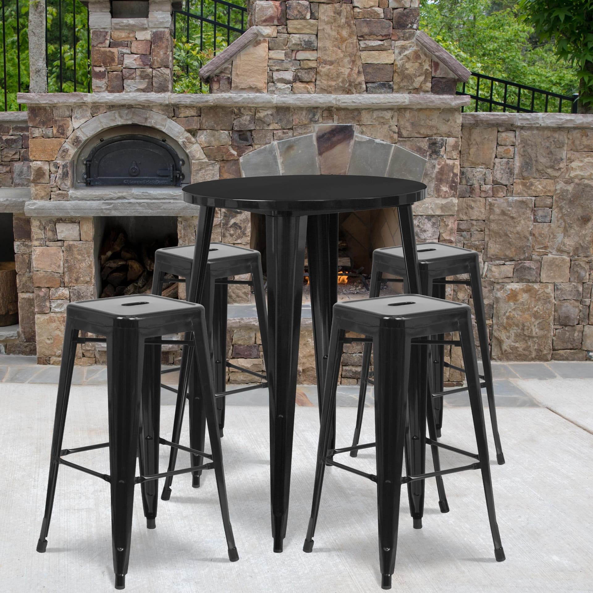 30" Round Black Metal Indoor-Outdoor Bar Table Set with 4 Backless Stools
