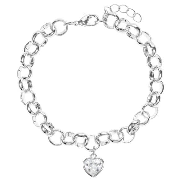 Bold Rolo Chain Bracelet with Heart Shape Cubic Zirconia - Silvertone