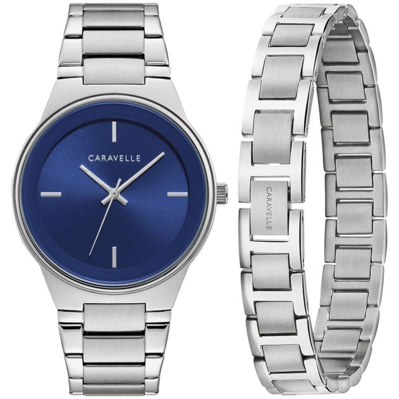 Men's Modern Silver-Tone Stainless Steel Watch Box Set w/ Bracelet