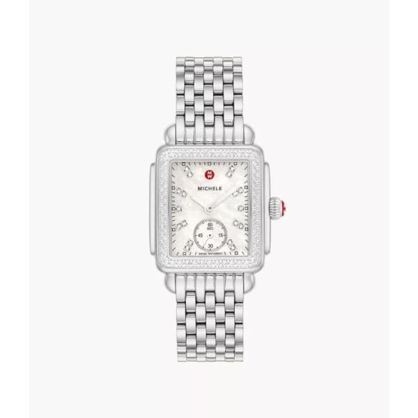 Ladies' Deco Mid Silver-Tone Stainless Steel 126 Diamond Watch White MOP Dial