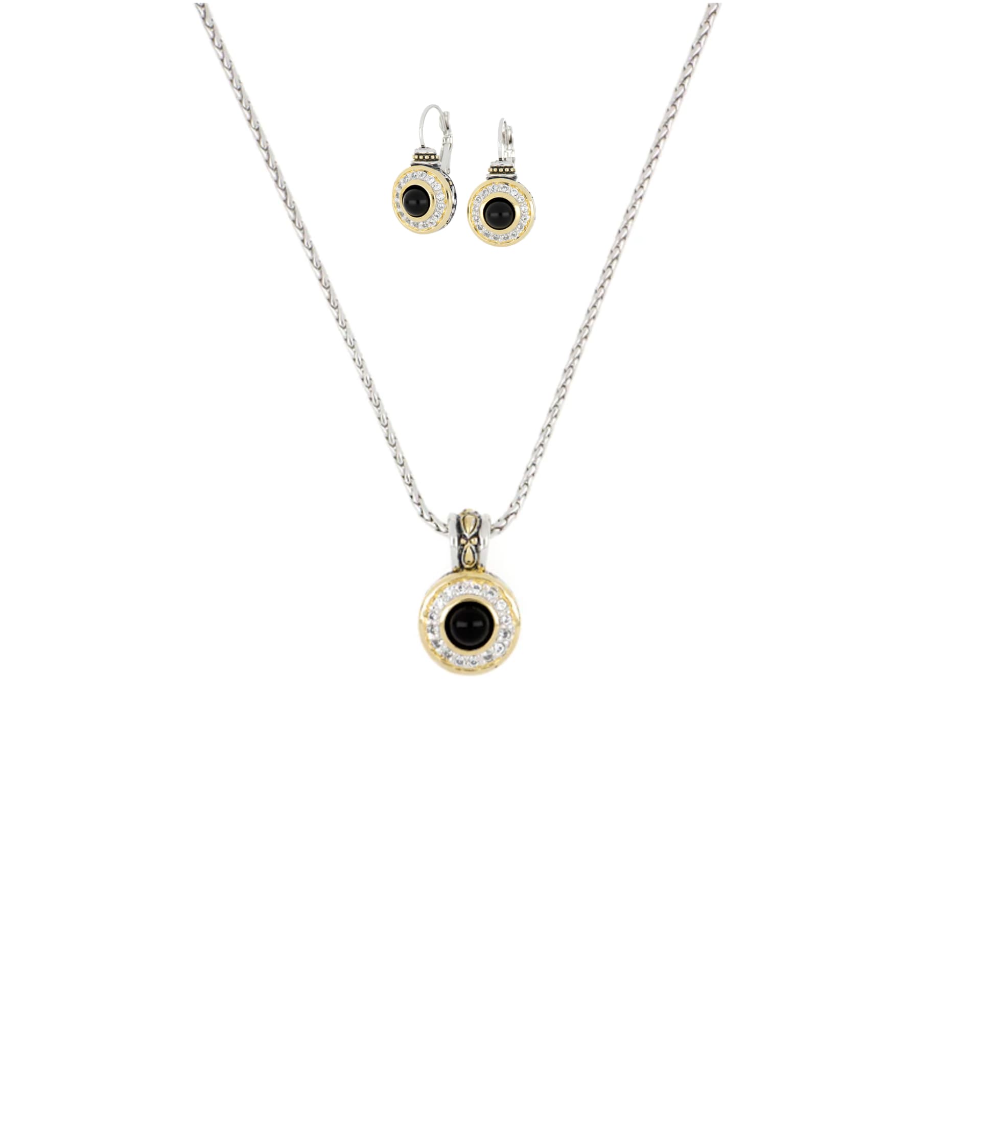 Genuine Black Onyx & Pave Pendant Pendant and Black Onyx French Wire Earring Set
