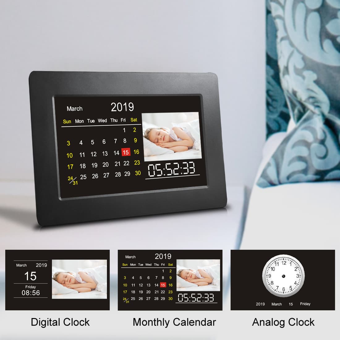 7 Inch Digital Photo Frame with Ultra Slim Design, 1024x600 HD Resolution, Auto Slideshow, Support up to 32GB SD Card/USB Drive, Various Display Modes, Rotate Photos, Calendar/Cloc