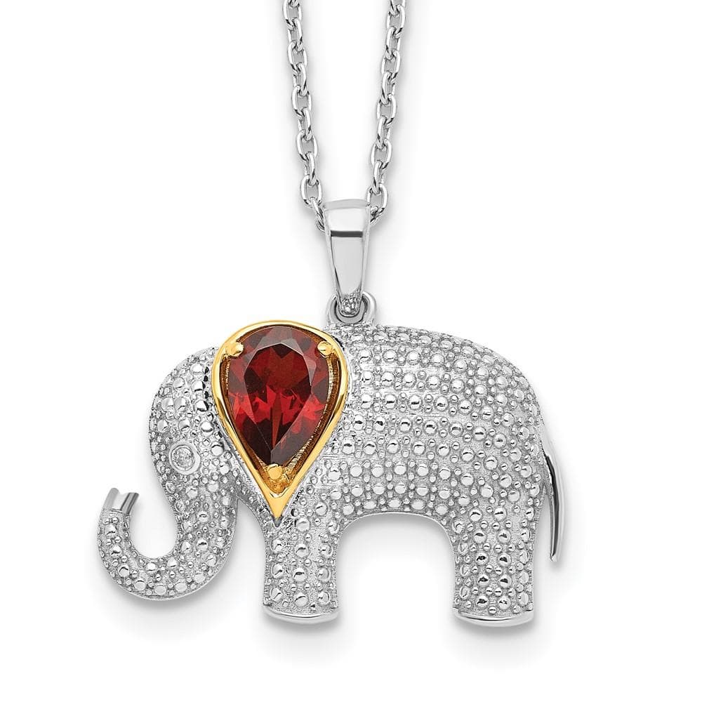 Sterling Silver 14k Accent Rhodium Plated Garnet Diamond Elephant Necklace