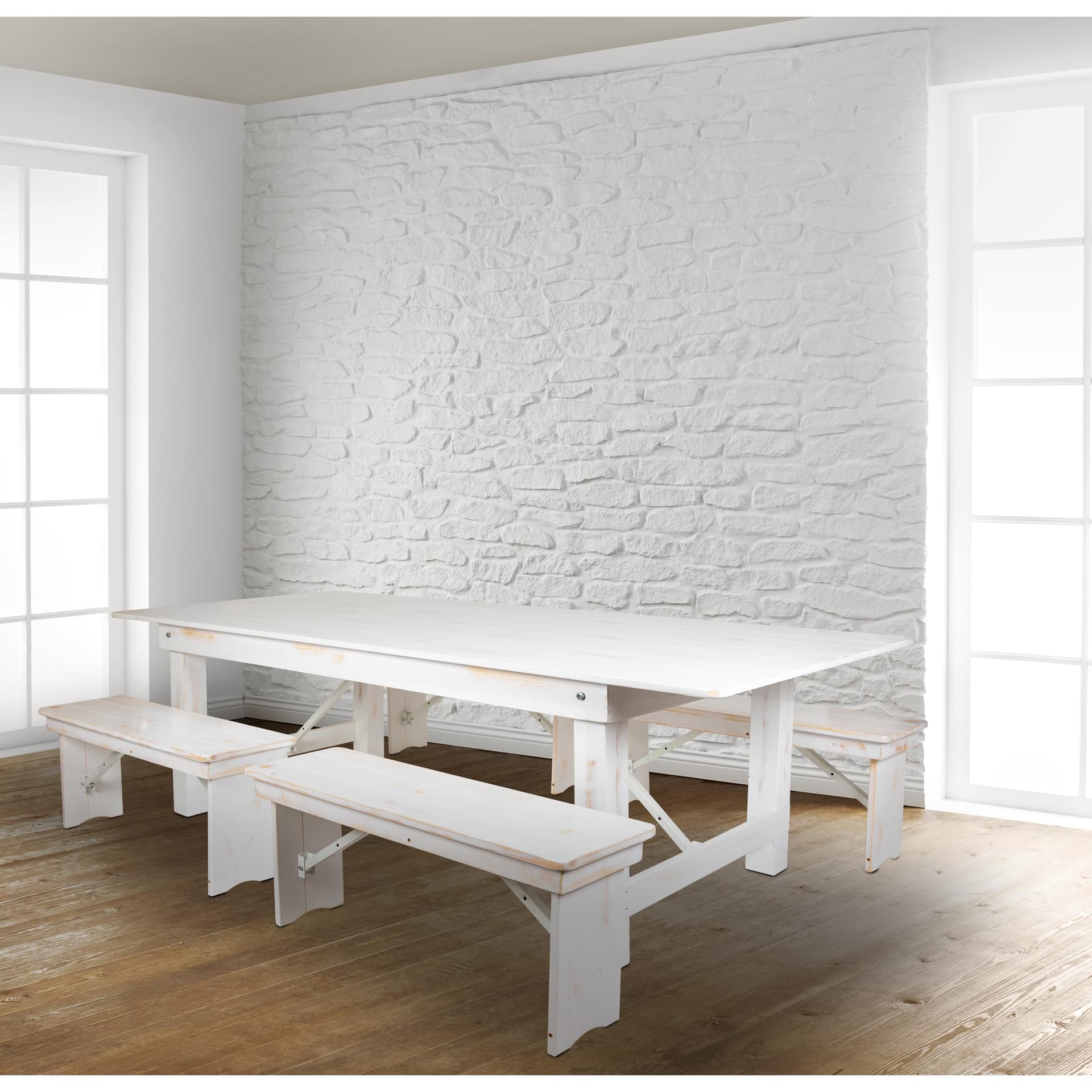 5 Piece Set-8' x 40" Antique Rustic White Folding Farm Table and Four Bench Set