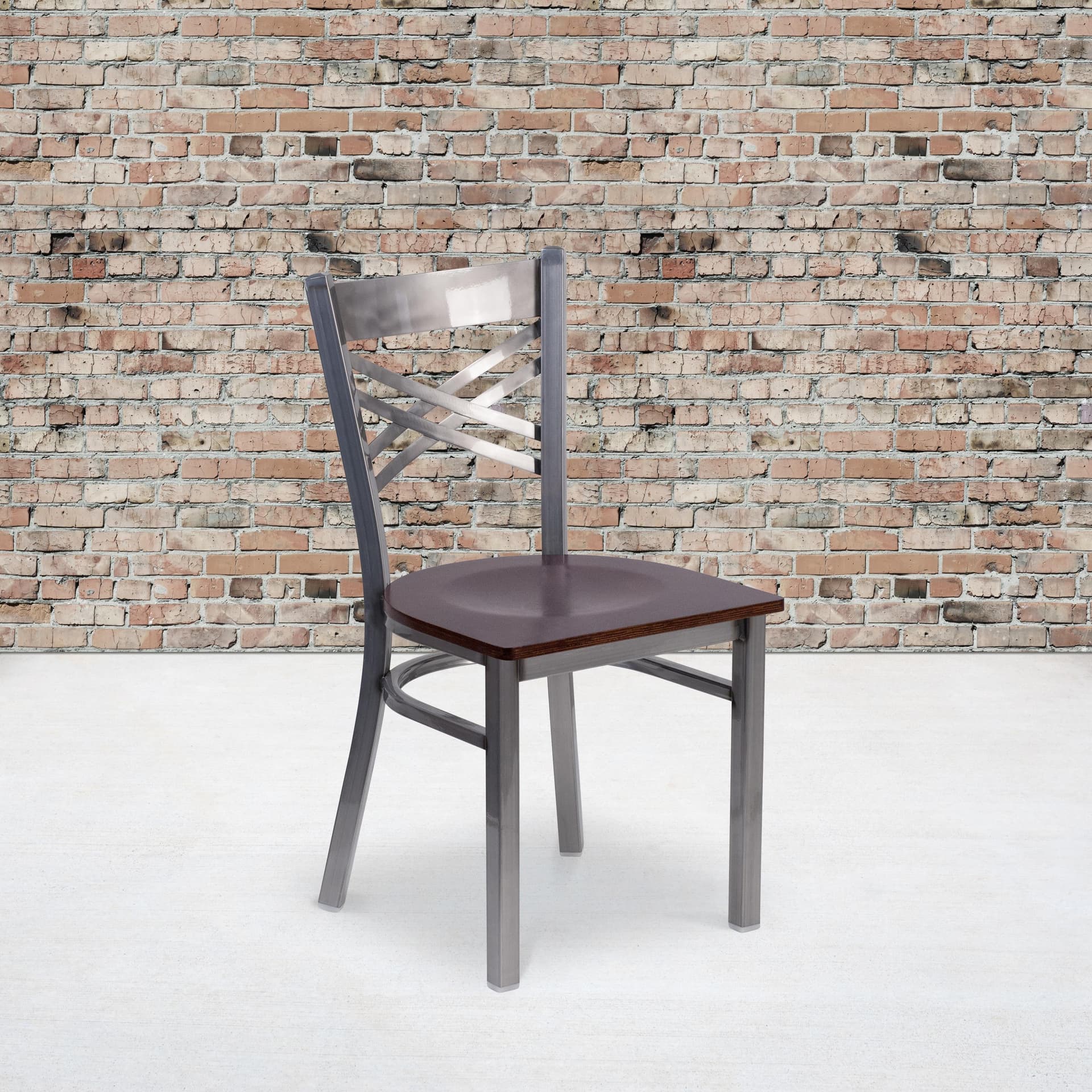 Clear Coated "X" Back Metal Restaurant Chair - Walnut Wood Seat