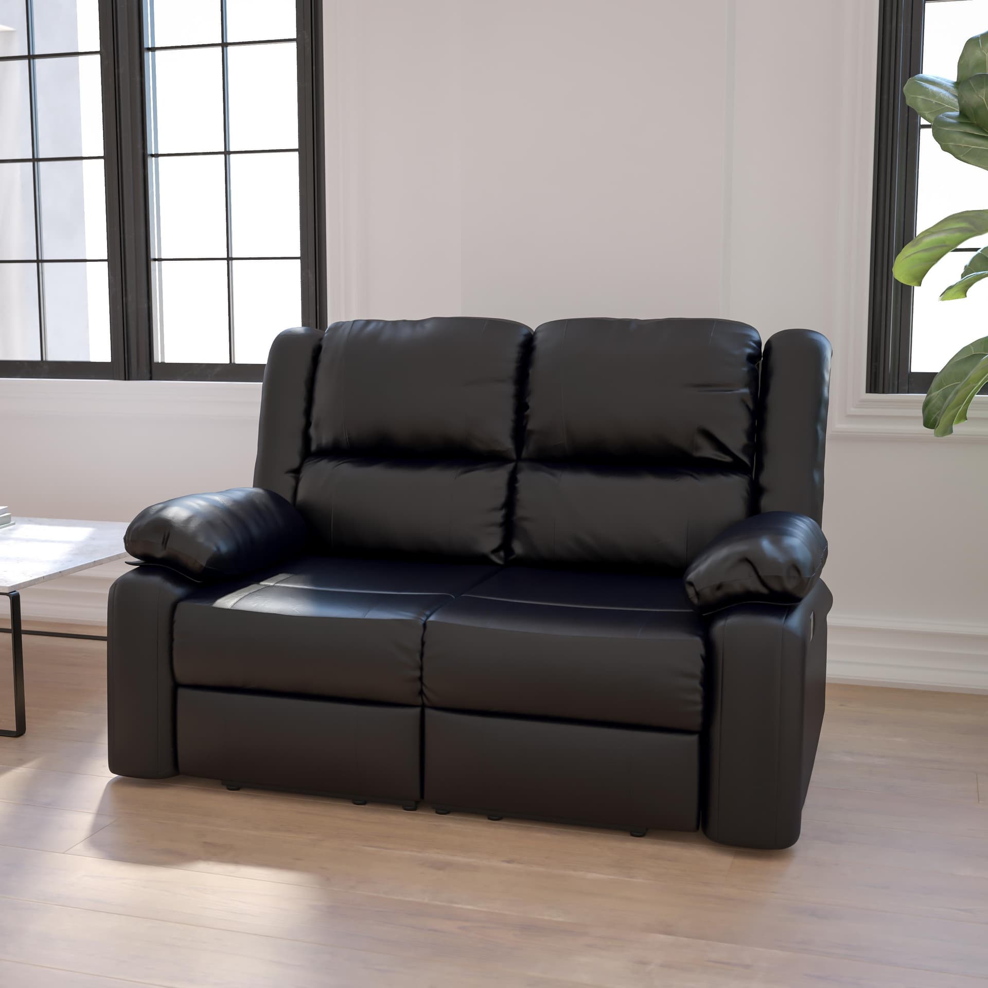 Black LeatherSoft Loveseat with Two Built-In Recliners - Padded Arms