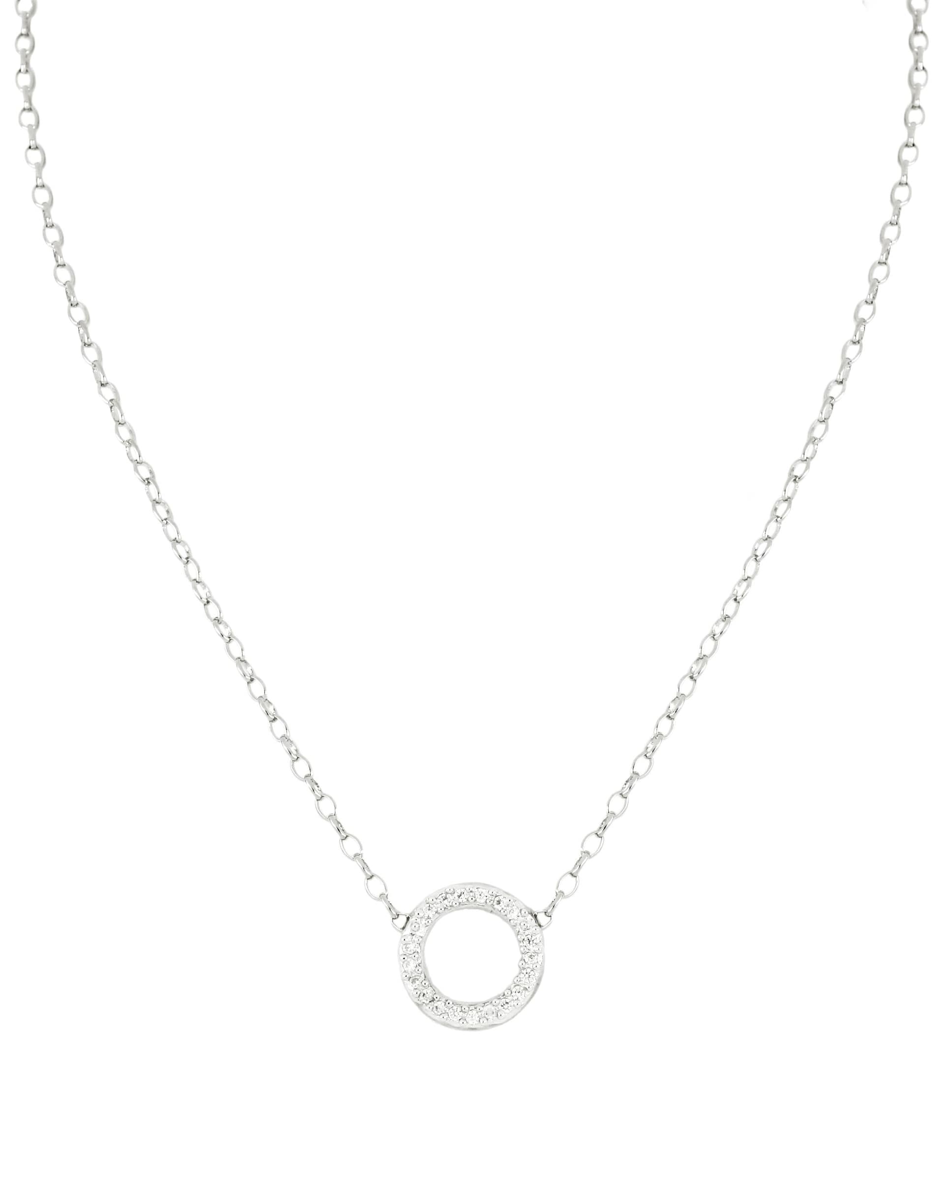 Aldrava Collection - Circle Pave Necklace, Rhodium 16"18" Chain, Pave Pendant 0.75" Dia