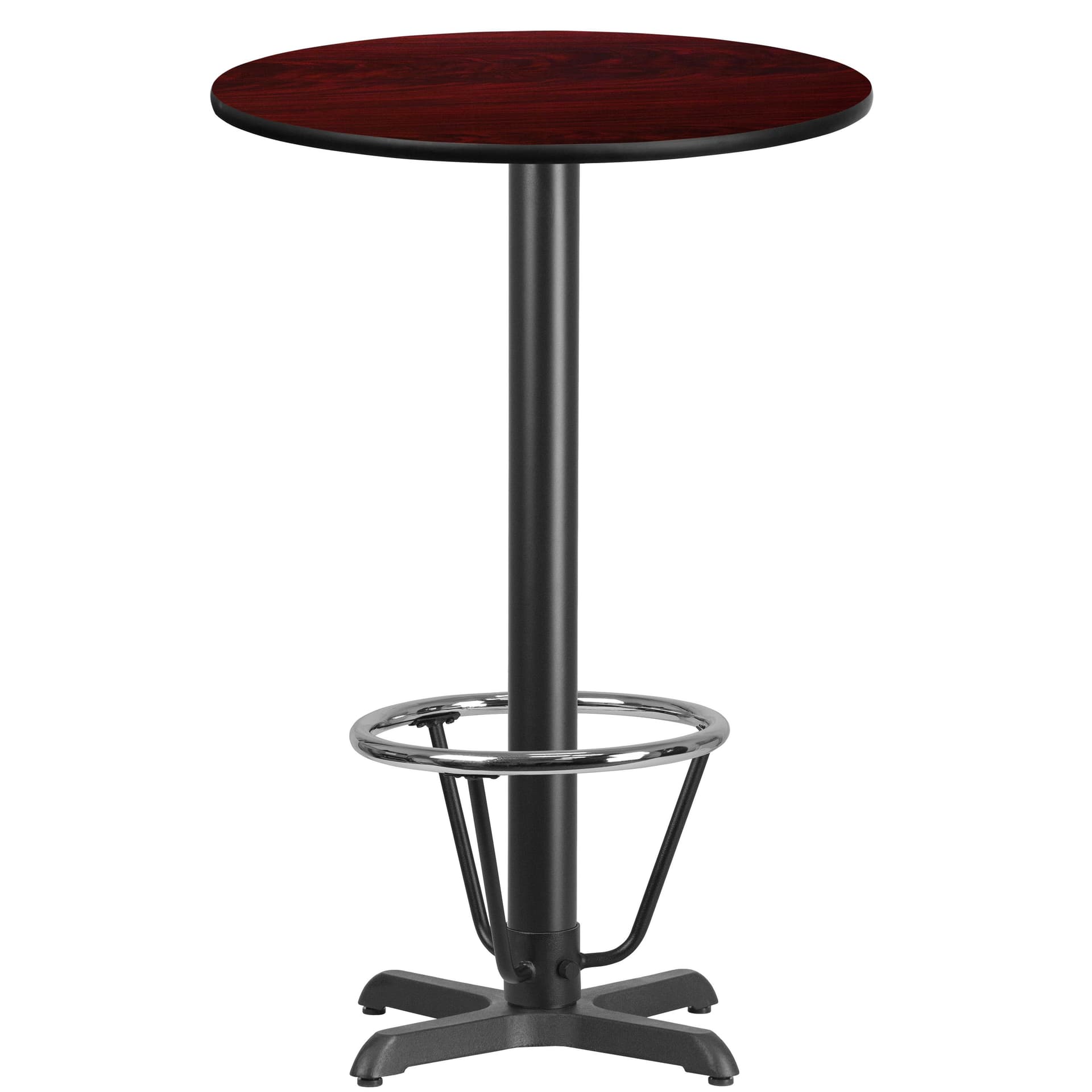 24" Round Mahogany Laminate Table Top & 22"x 22" Bar Height Base with Foot Ring