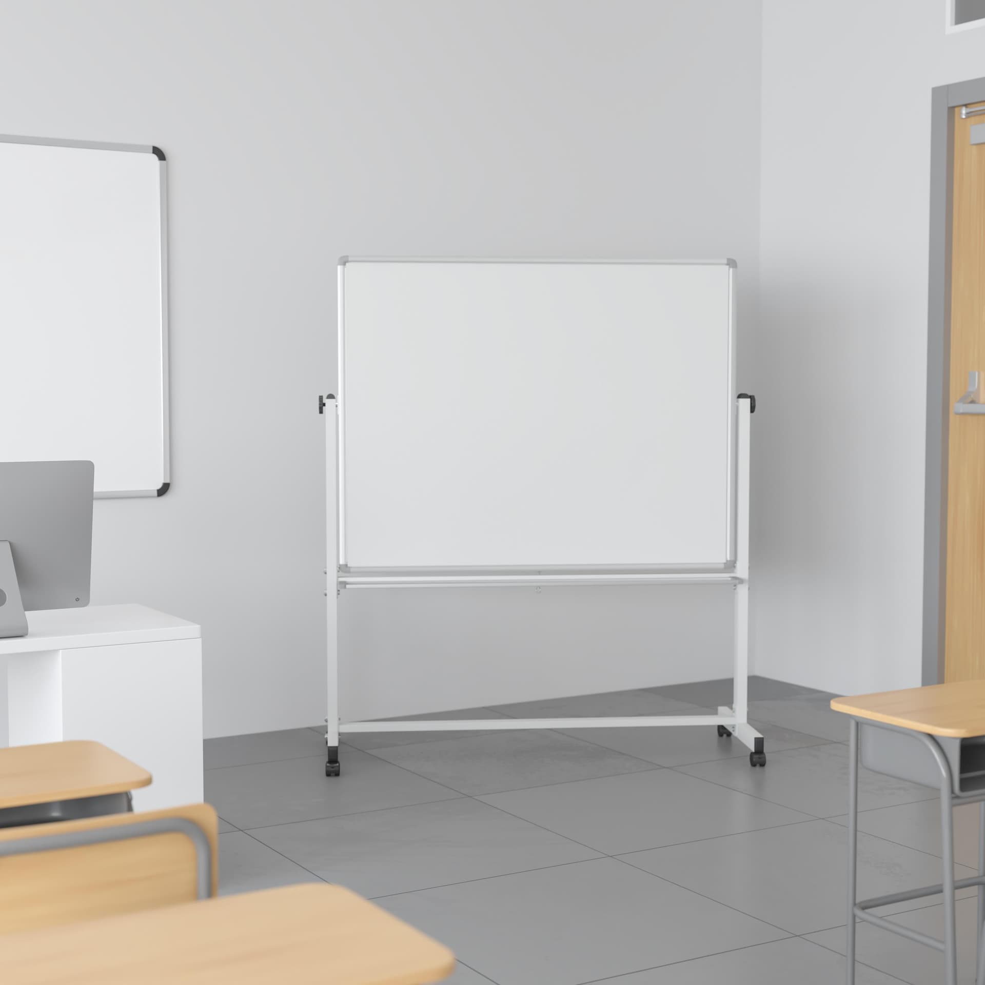 53"W x 62.5"H Double-Sided Mobile White Board with Shelf - Flip Over Board