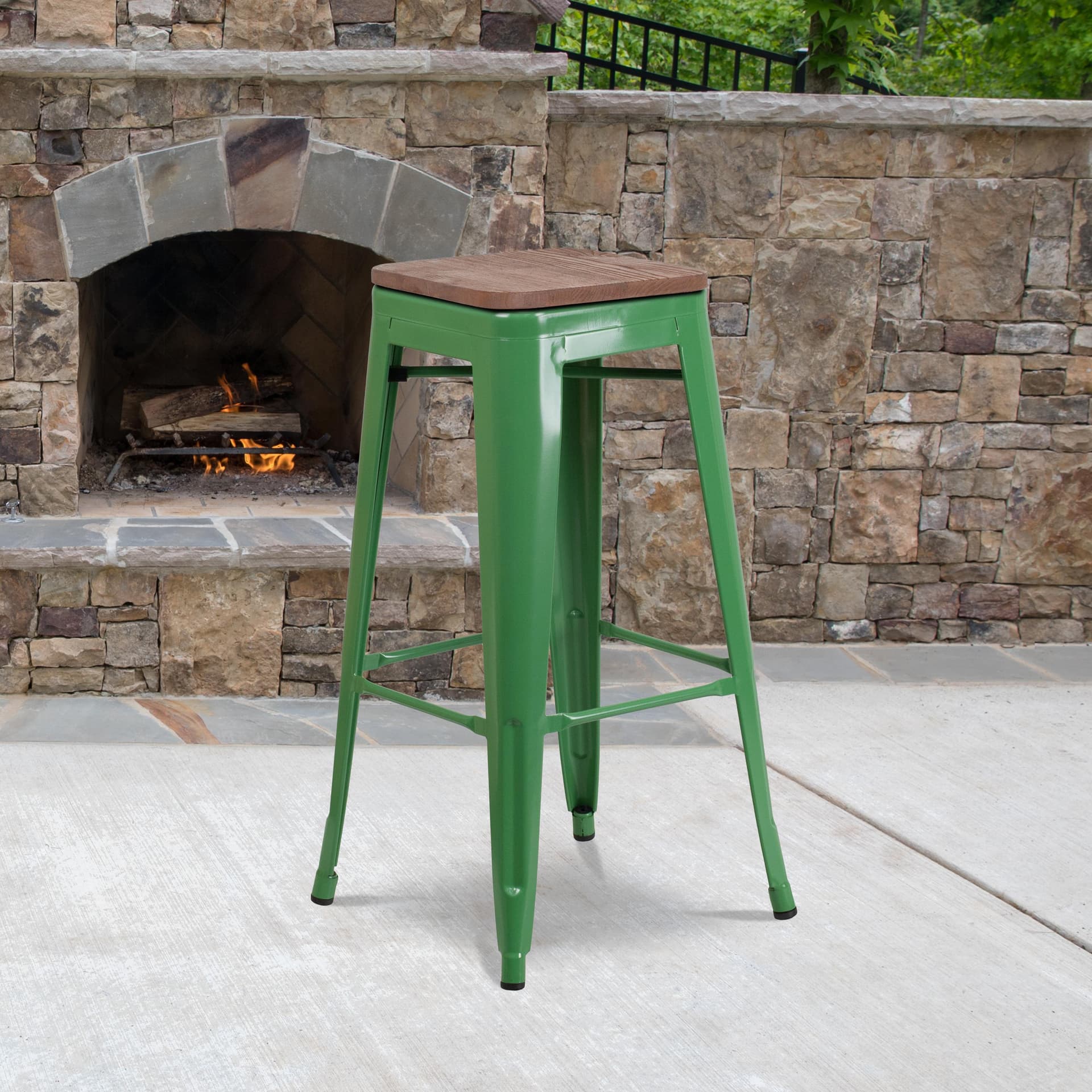 30" High Backless Green Metal Barstool with Square Wood Seat - Kitchen Furniture