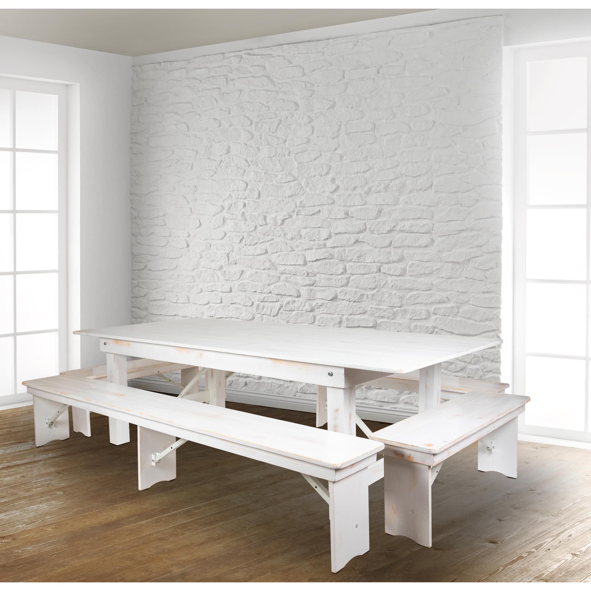 5 Piece Set-8' x 40" Antique Rustic White Folding Farm Table and Four Bench Set