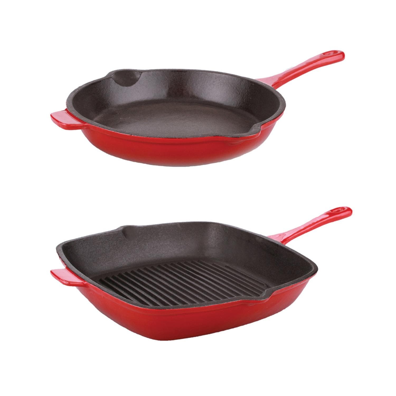 Neo 2pc Cast Iron Set: 10" Fry Pan & 11" Grill Pan, Red