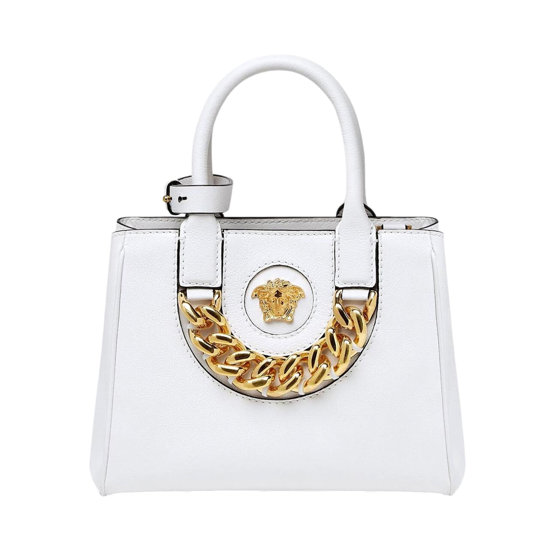 Versace La Medusa White Leather Small Crossbody Tote Bag Gold Plaque Chain