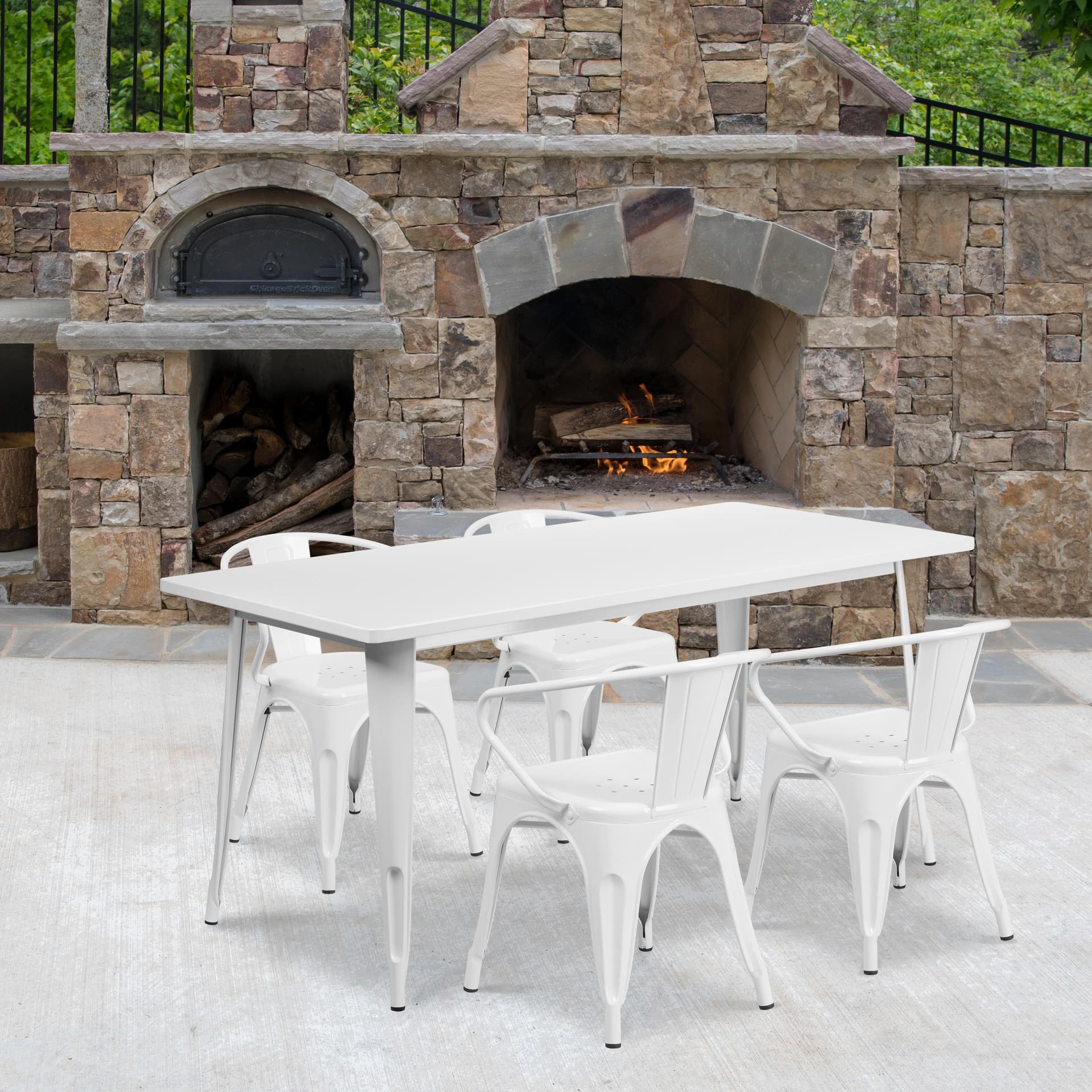 31.5" x 63" Rectangular White Metal Indoor-Outdoor Table Set with 4 Arm Chairs