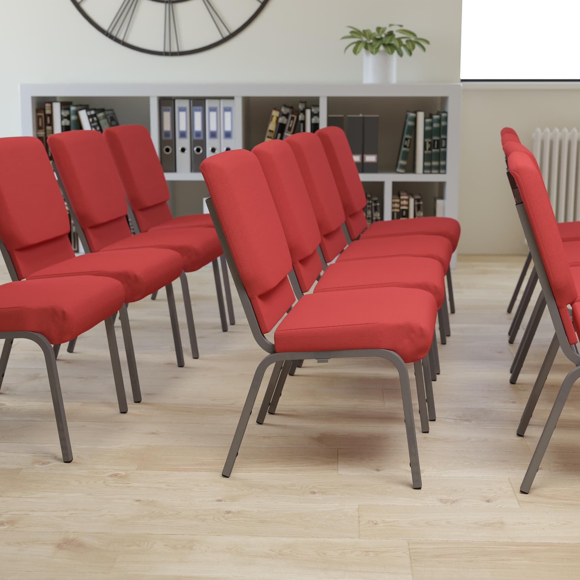 18.5"W Stacking Church Chair in Red Fabric - Silver Vein Frame