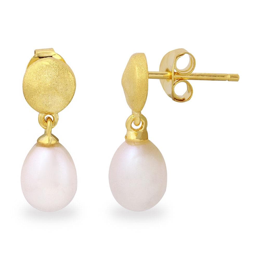 PARIKHS Matte Finish Gold Plated Disc with Hanging Fresh Water Pearl Earring in 925 Sterling Silver
