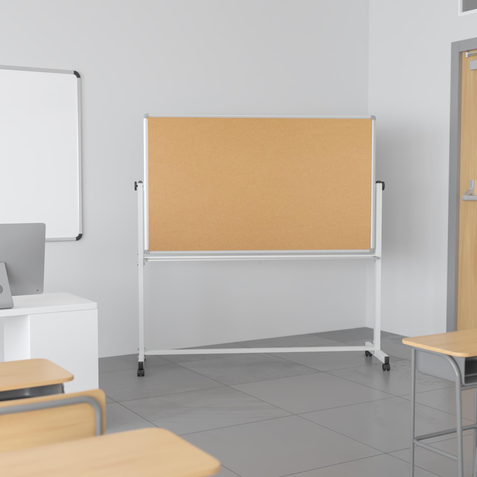 45.25"W x 54.75"H Reversible Mobile Cork Bulletin & White Board with Pen Tray
