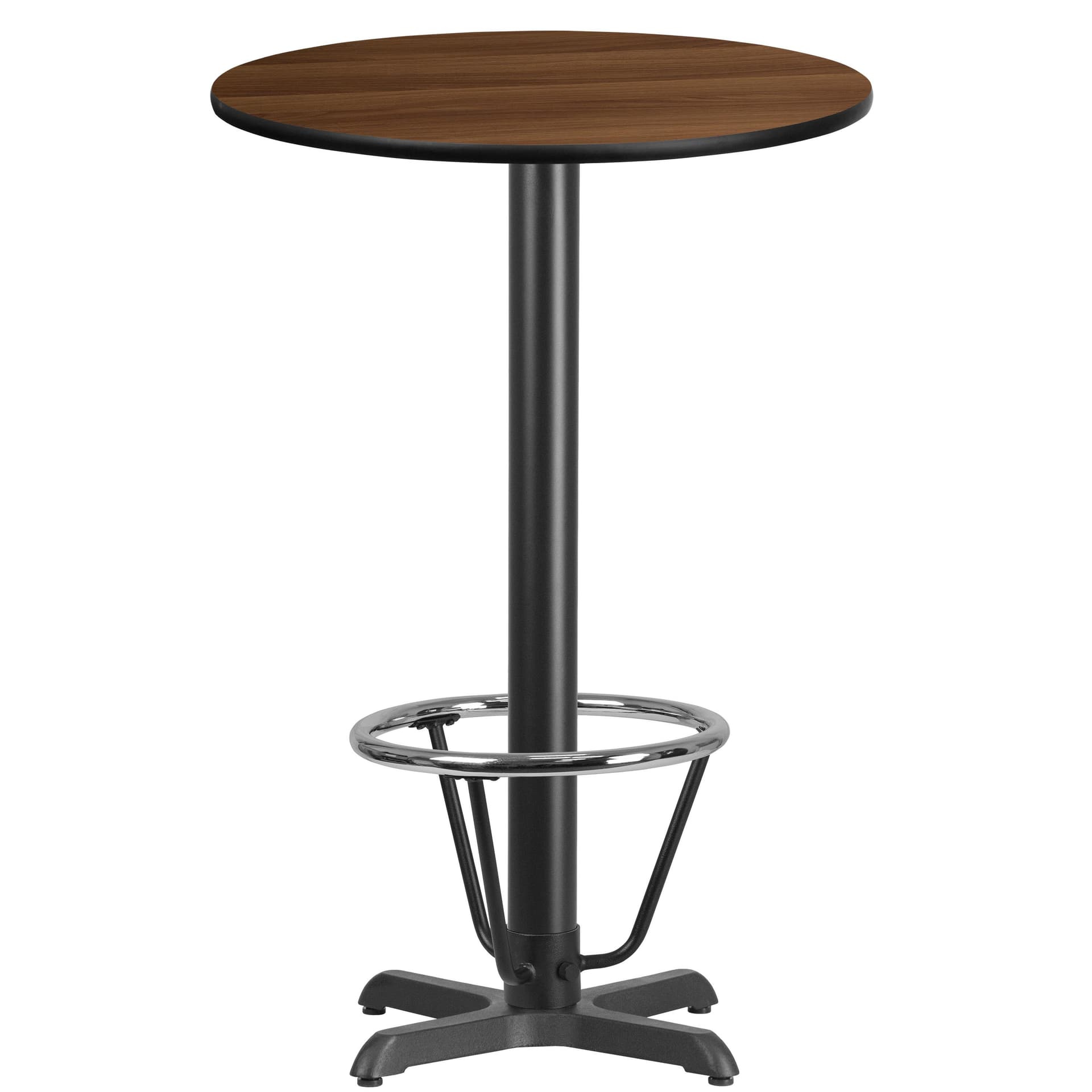 24" Round Walnut Laminate Table Top & 22"x 22" Bar Height Base with Foot Ring