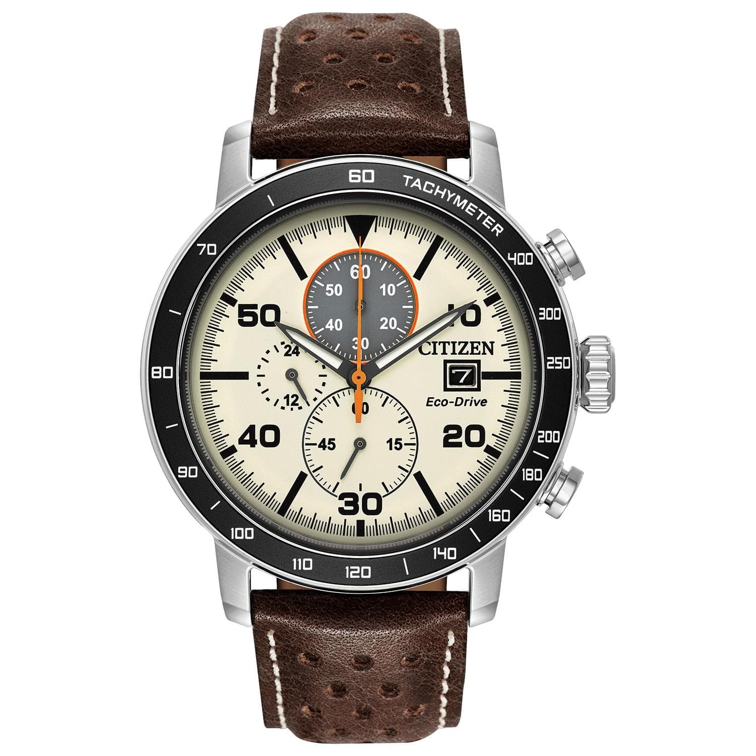 Mens Brycen Eco-Drive Multi-Dial Brown Leather Watch Ivory