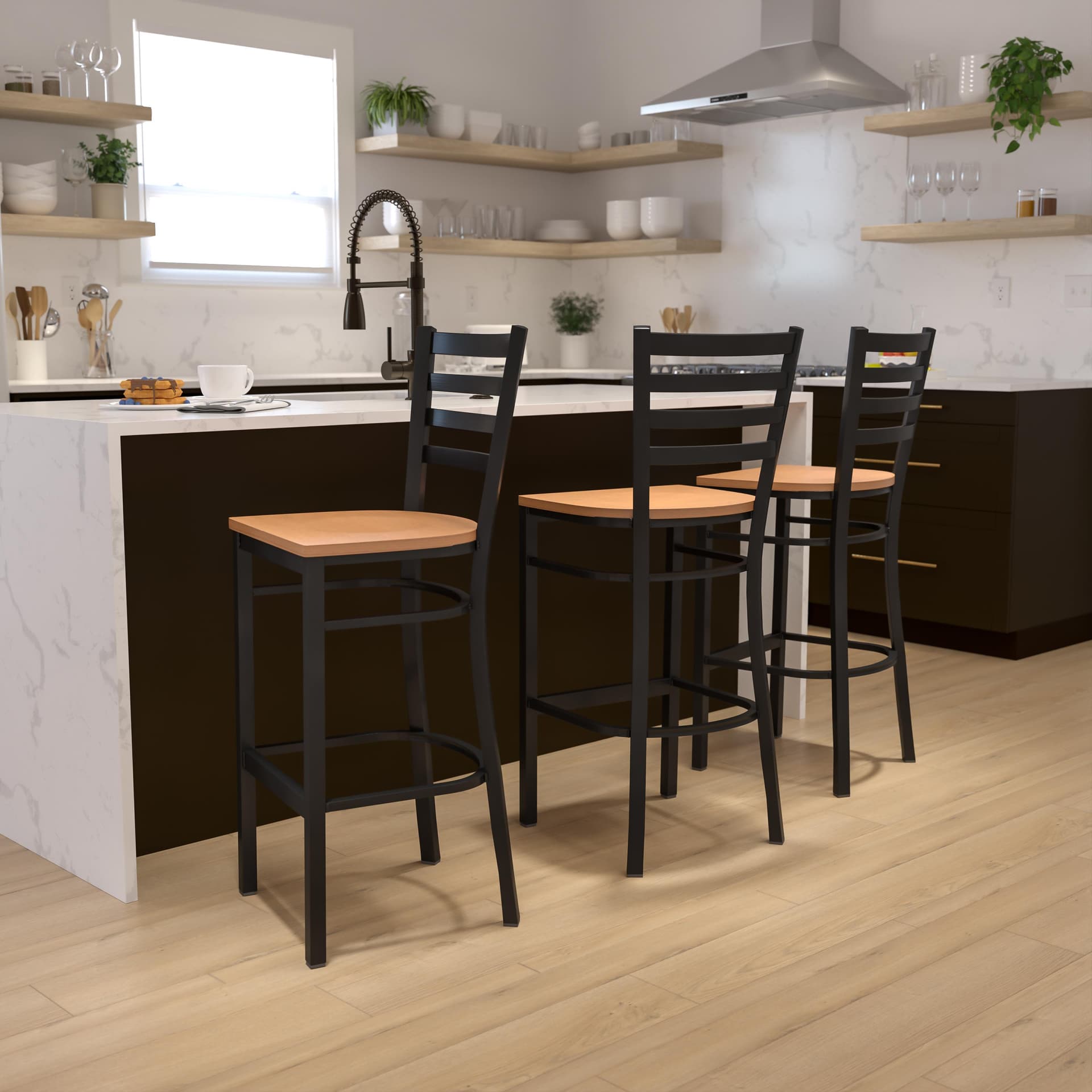 Black Ladder Back Metal Restaurant Barstool - Natural Wood Seat