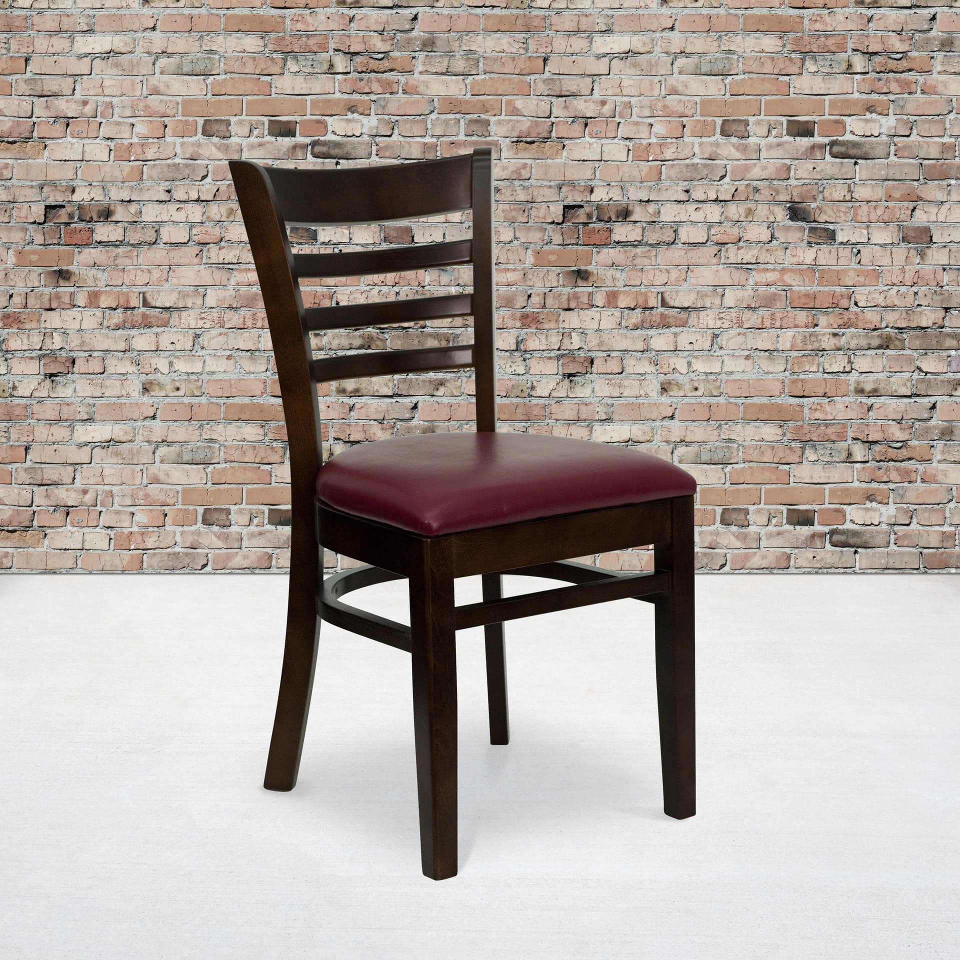 Ladder Back Walnut Wood Restaurant Chair - Burgundy Vinyl Seat