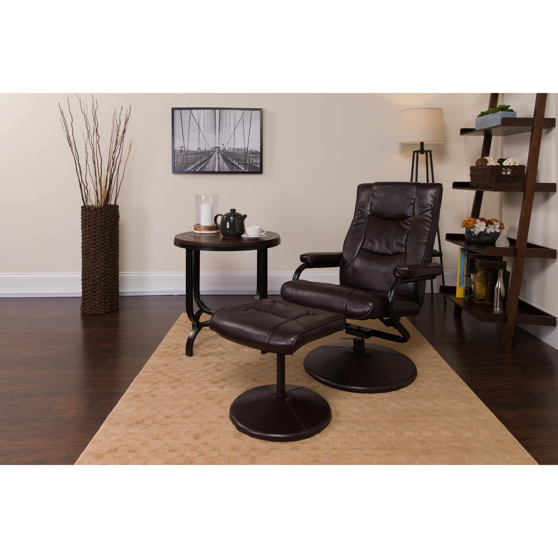 Brown LeatherSoft Multi-Position Recliner and Ottoman with Wrapped Base