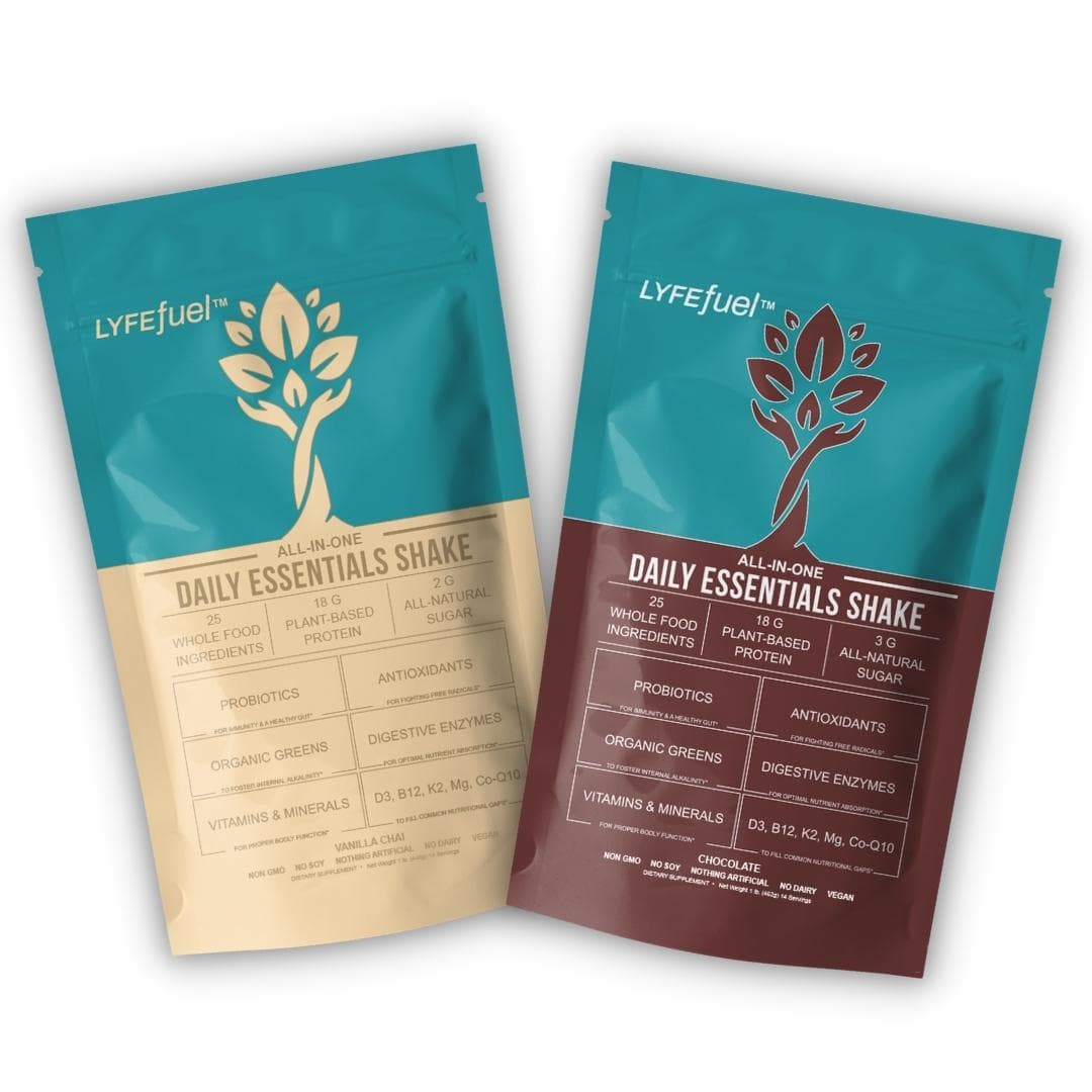 Essentials Meal Shake Bundle packaging with single-serve sachets and shaker, plant-based label stating ready in 60 seconds