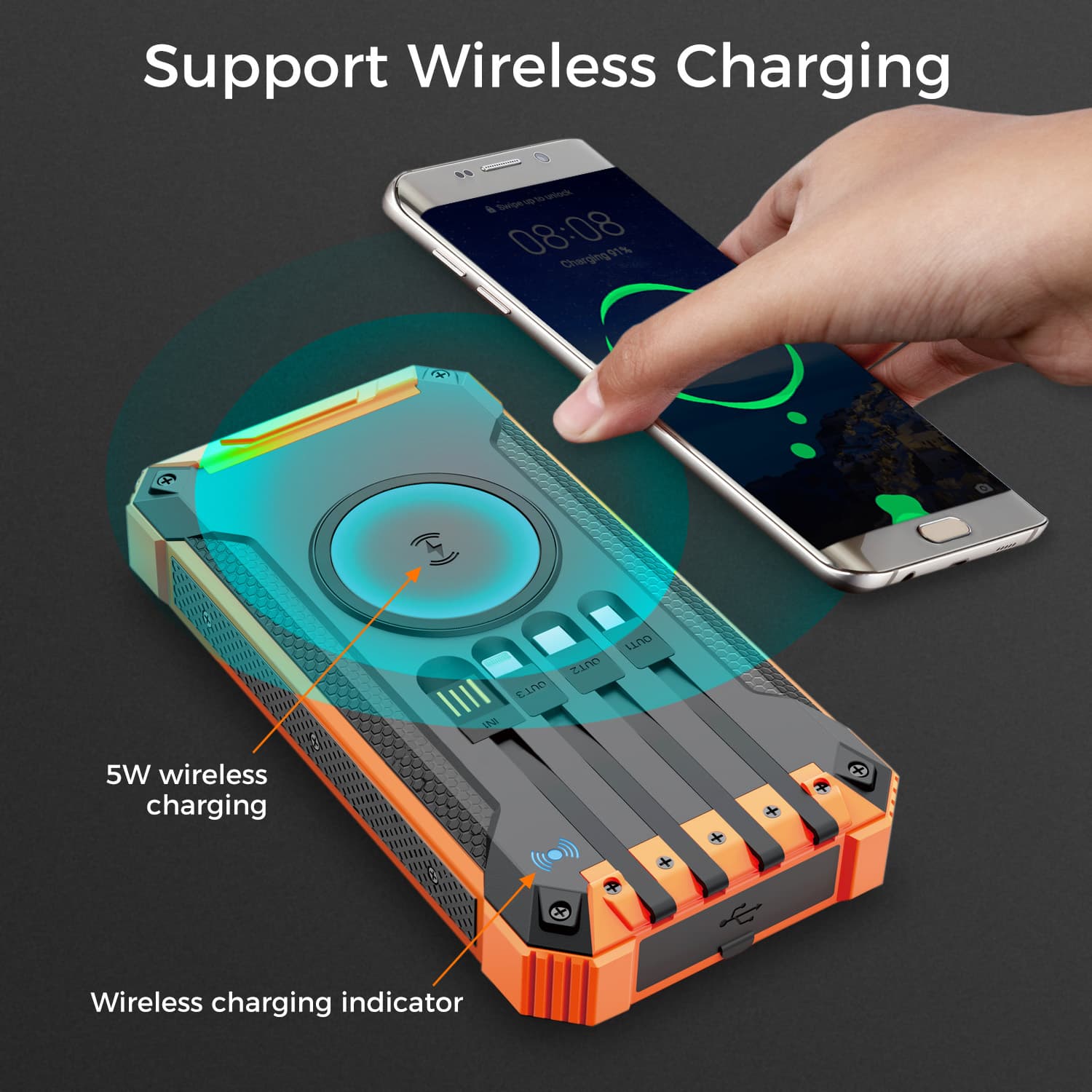 Portable Power Bank w/ Wireless Charging, Built-in 4 Cables, Solar Panel, 20000mAh Battery, IP65 Waterproof, Dustproof, Dual LED Flashlight, Great for iPhone, Samsung, Smart Phones