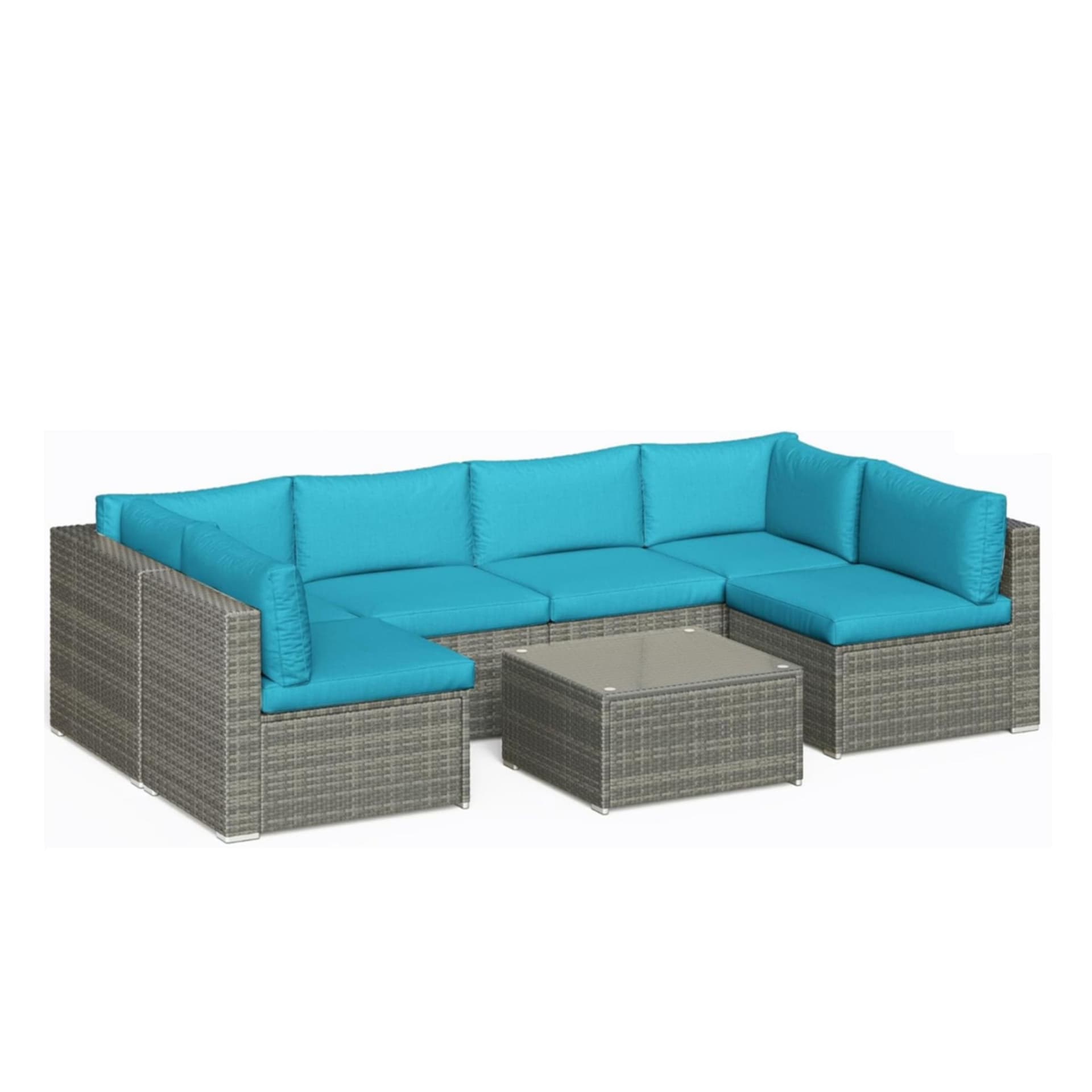 7-Piece Wicker Patio Set - Gray (Couch w/Light Blue Cushions & Glass Coffee Table)