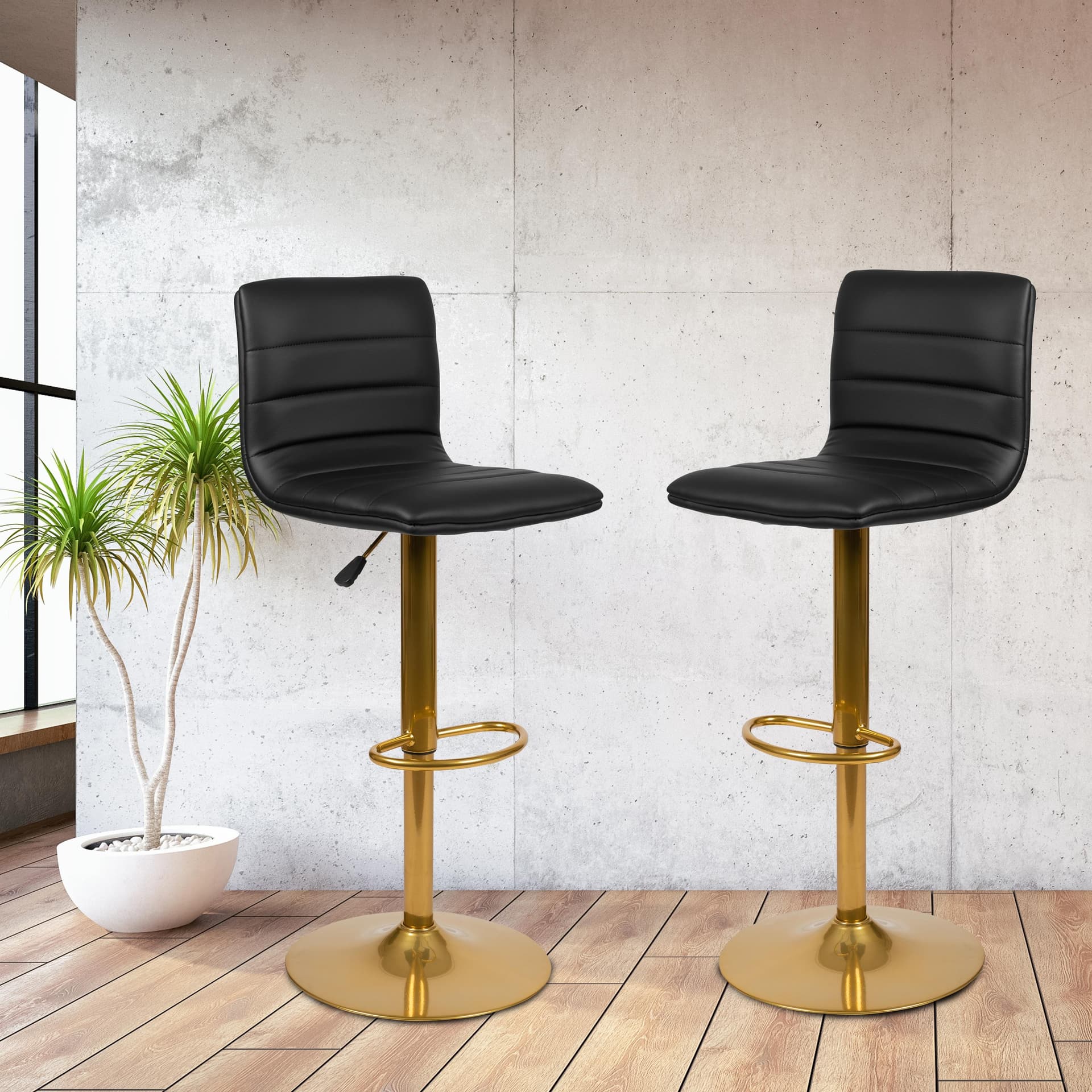 2PK Black Vinyl Adjustable Height Barstool w/ Horizontal Stitch Back & Gold Base