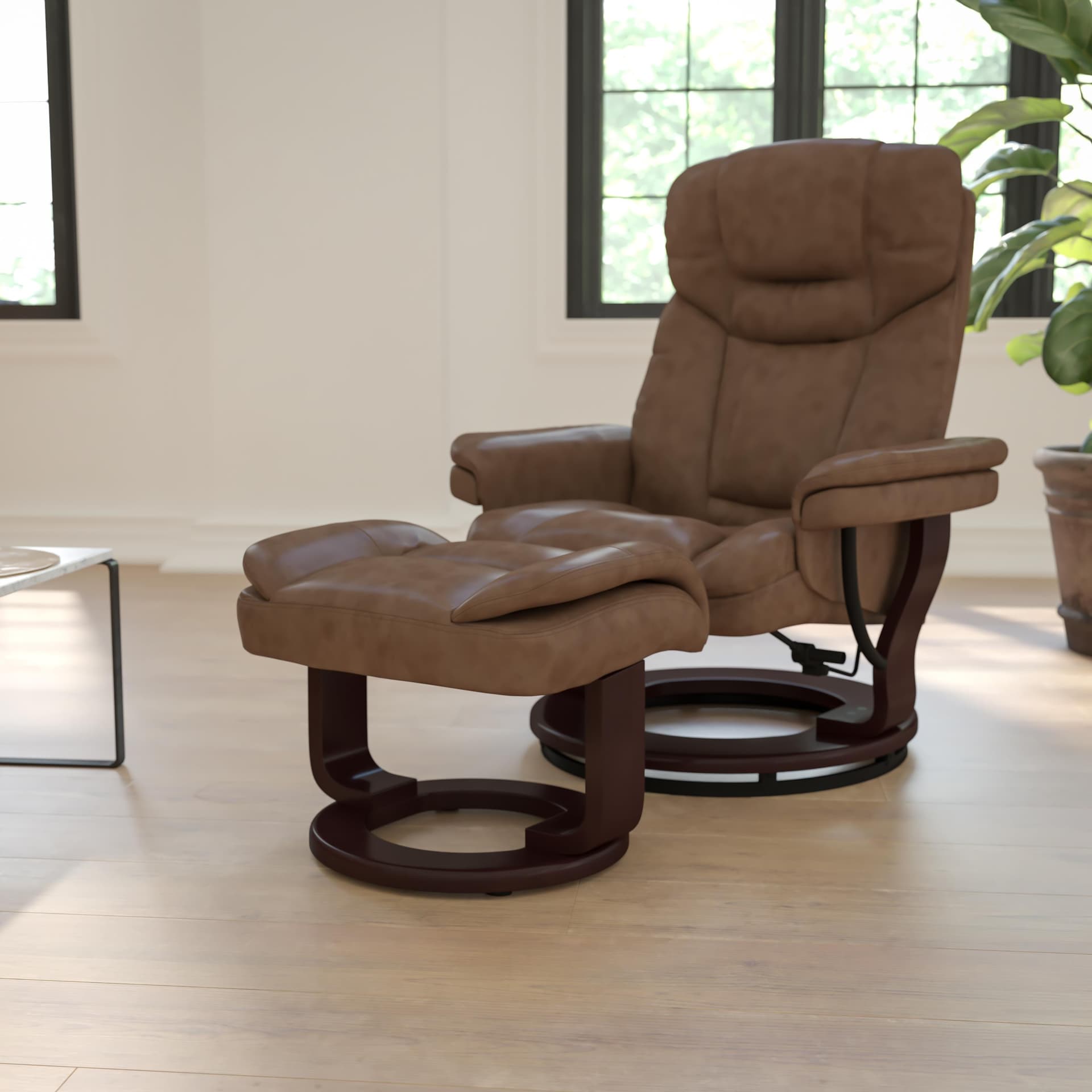 Palimino LeatherSoft Multi-Position Recliner &Curved Ottoman w/Mahogany Base