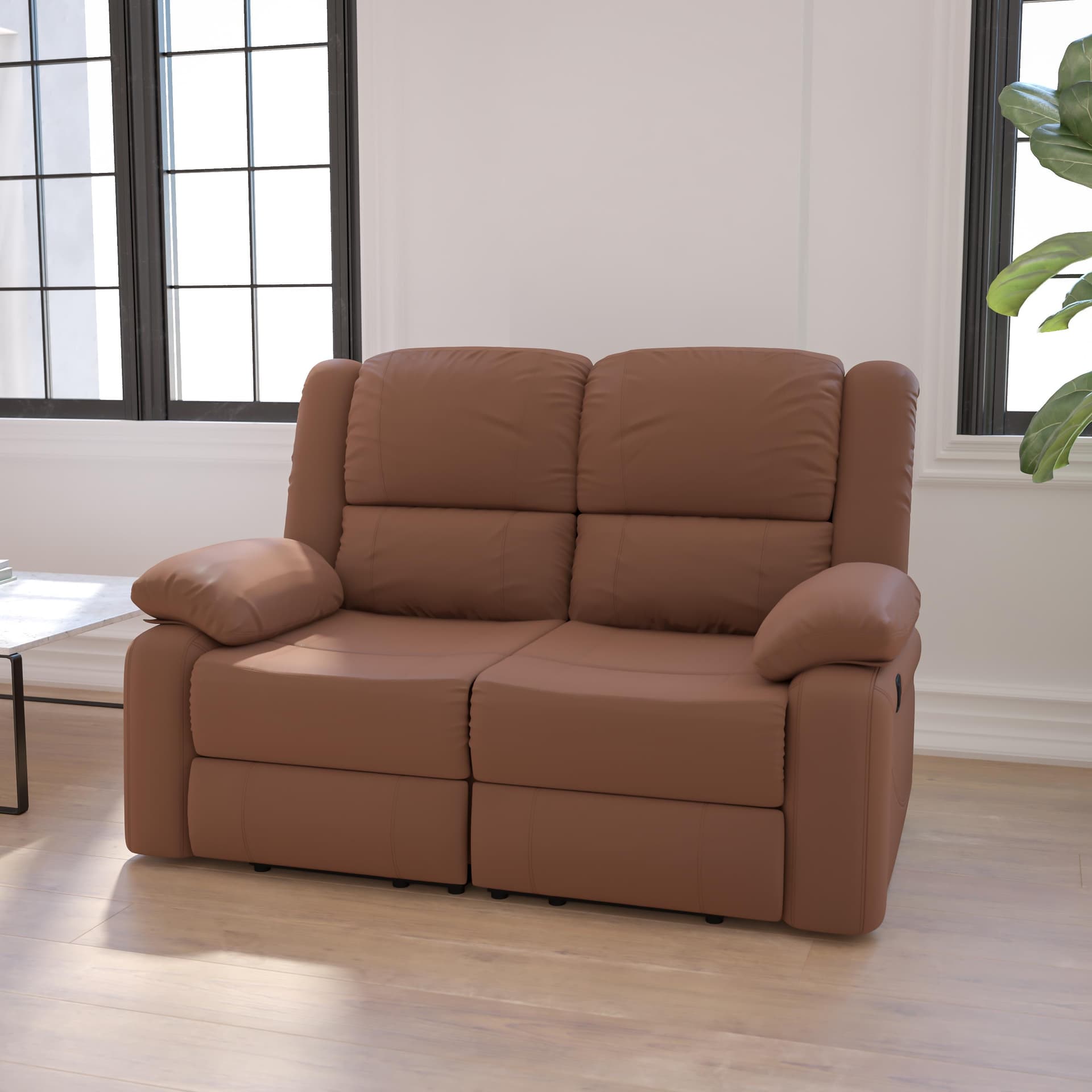 Chocolate Brown Microfiber Pillow Back Loveseat with Two Built-In Recliners