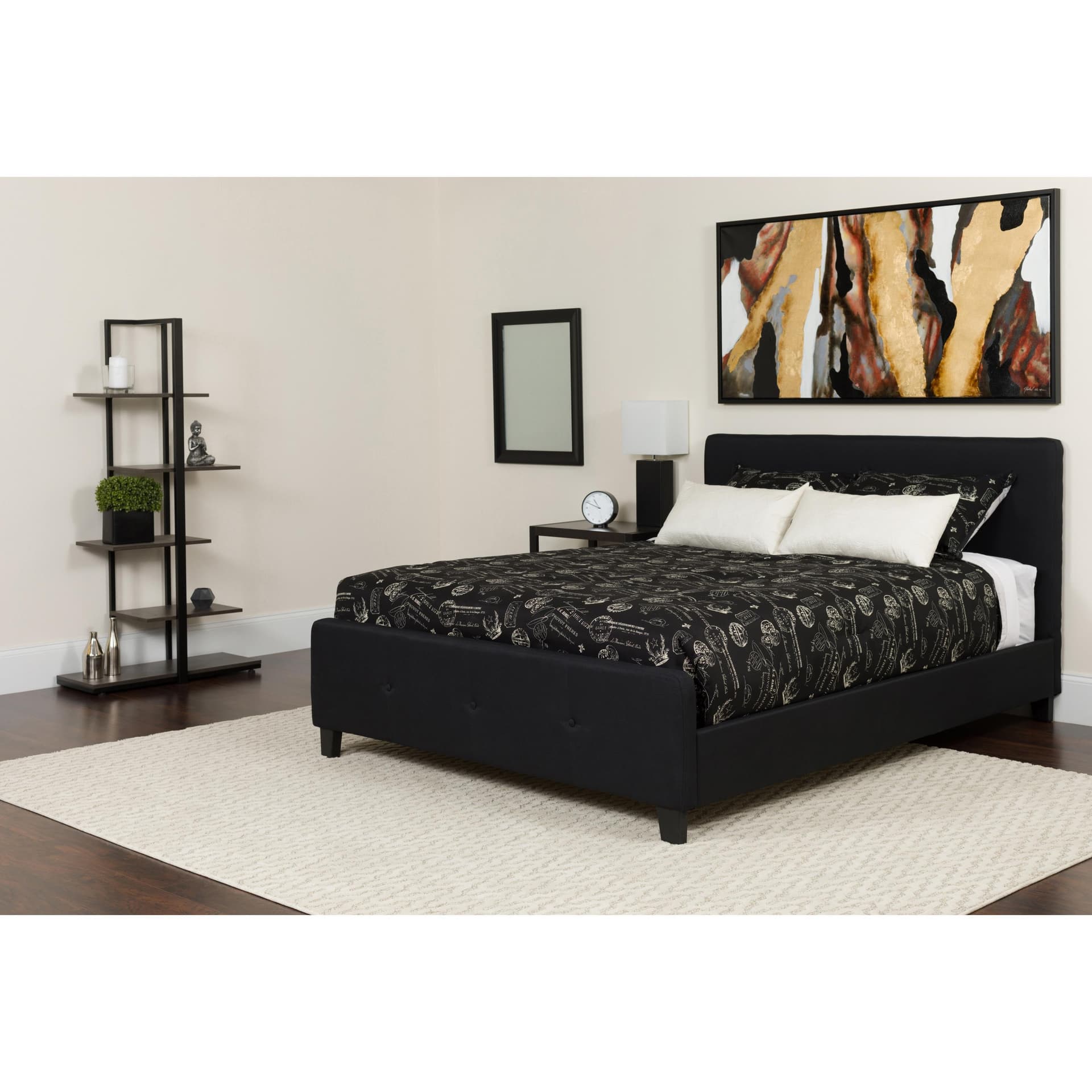King Size Four Button Tufted Upholstered Platform Bed in Black Fabric