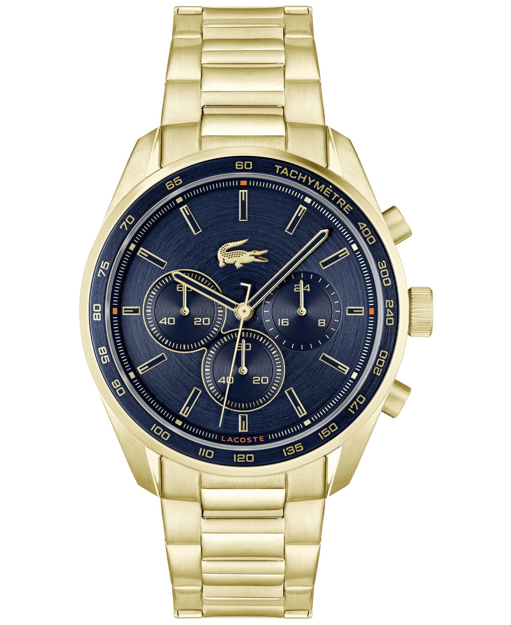Lacoste Boston Gents. Yellow Gold IP Steel Case & Bracelet. Navy Aluminum bezel. Navy Dial