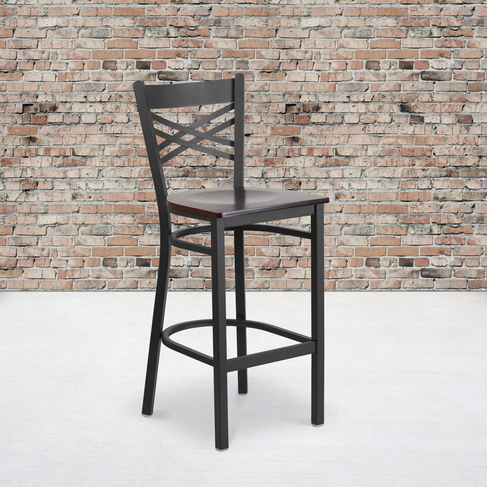 Black "X" Back Metal Restaurant Barstool - Walnut Wood Seat