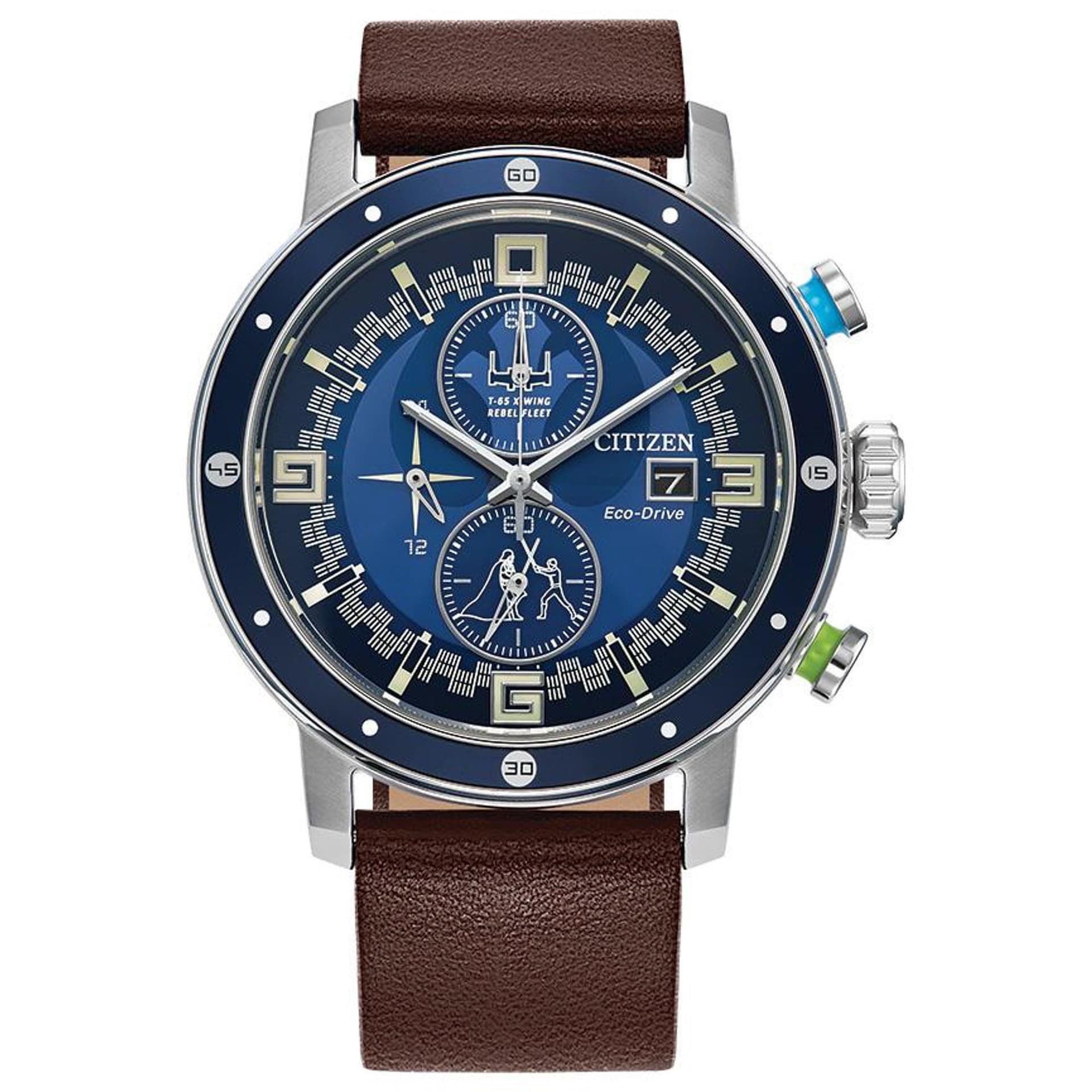 Men's Luke Skywalker Eco-Drive Chronograph Brown Leather Strap Watch Blue Dial