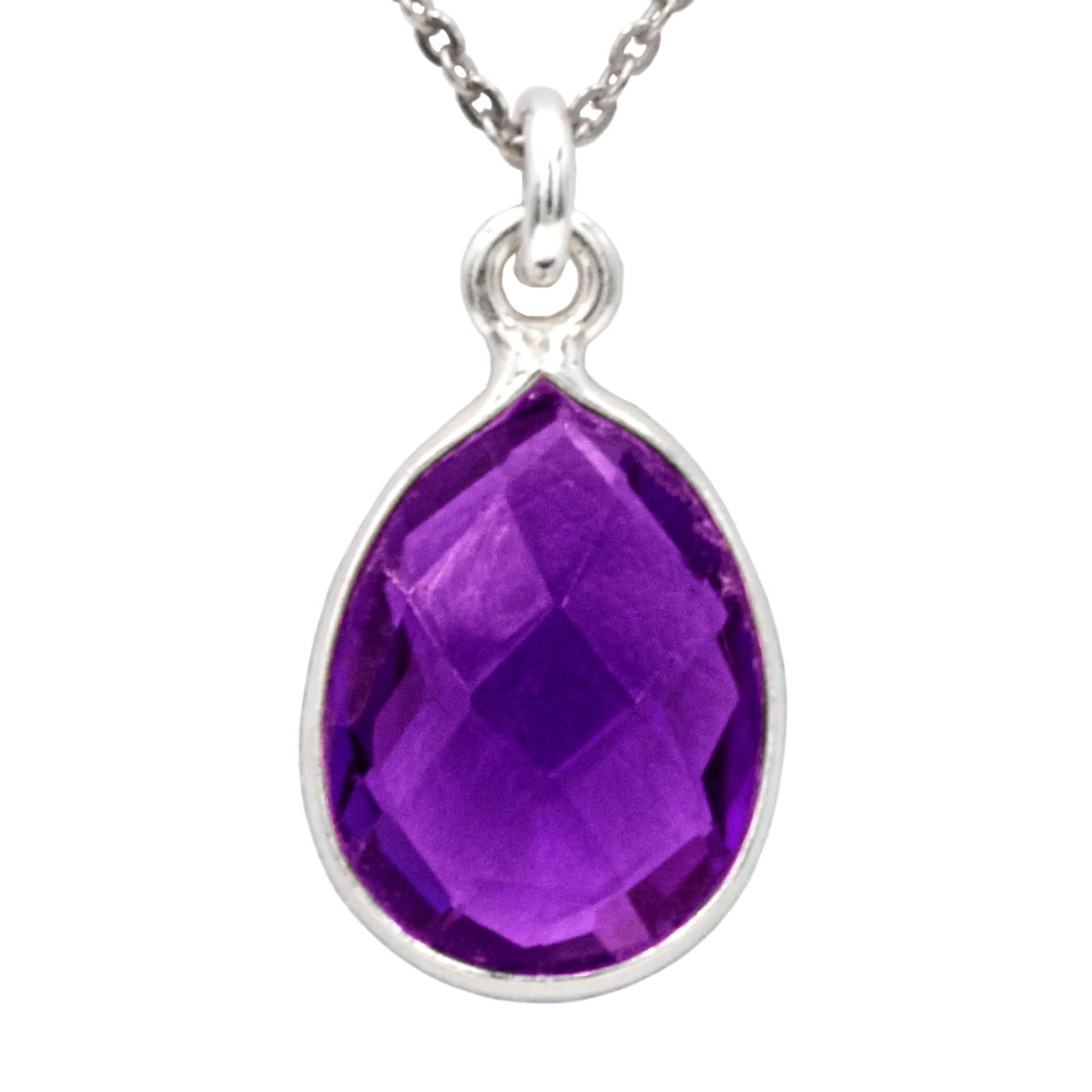 Antwerp's Teardrop Amethyst Necklace is bezel set with solitaire pear shaped Amethyst, 14 x 10 mm