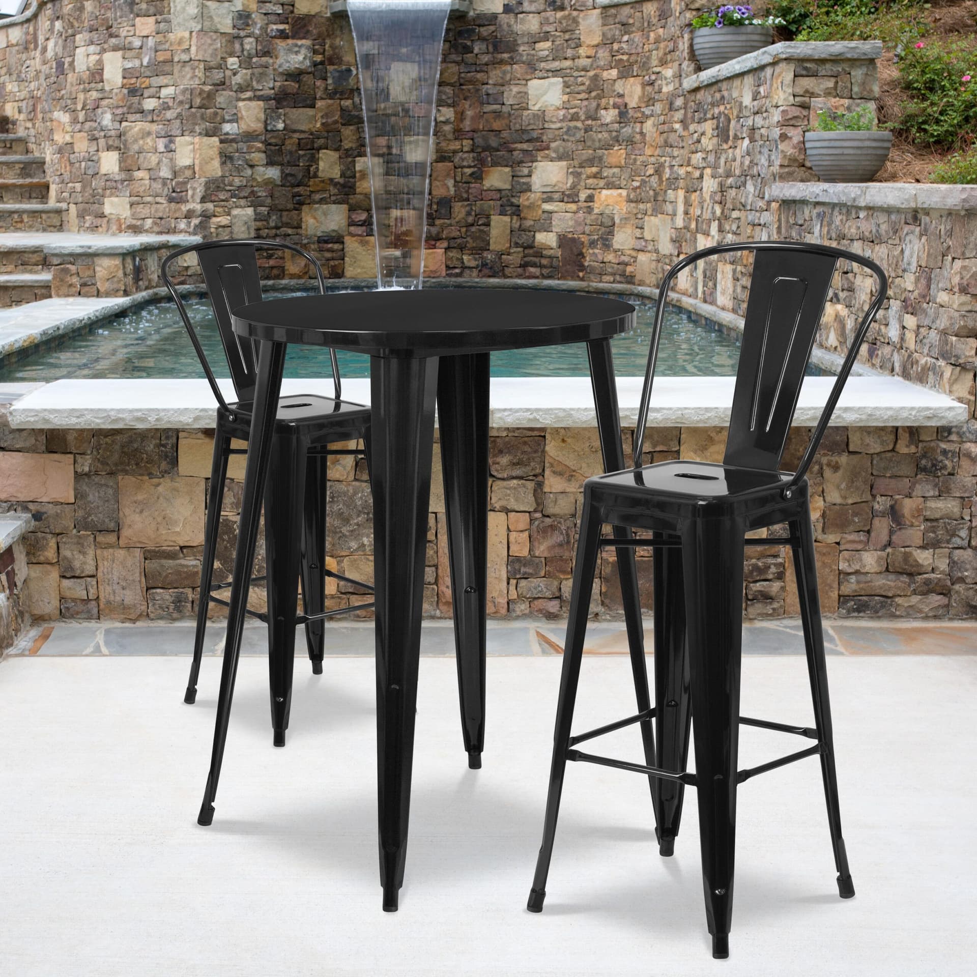 30" Round Black Metal Indoor-Outdoor Bar Table Set with 2 Cafe Stools