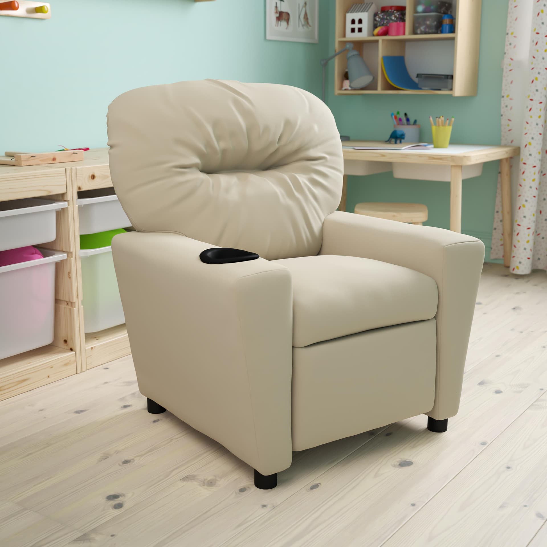 Contemporary Beige Vinyl Kids Recliner with Cup Holder - Hardwood Frame