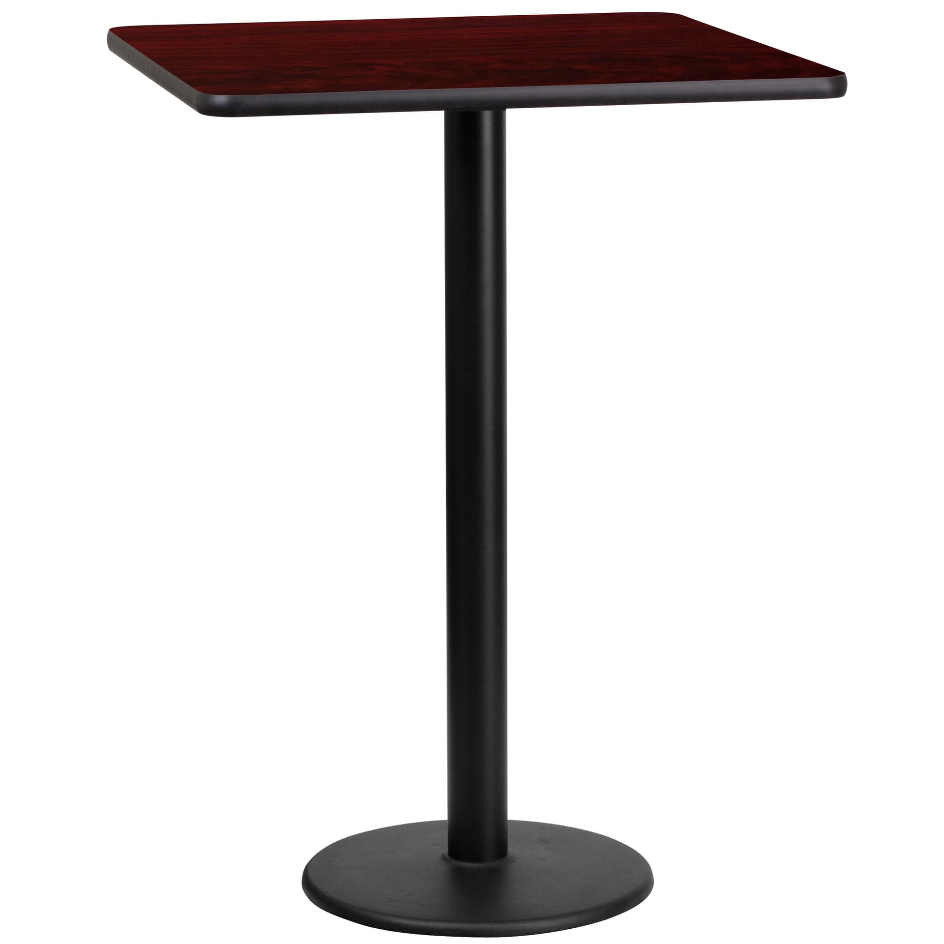 24" Square Mahogany Laminate Table Top with 18" Round Bar Height Table Base