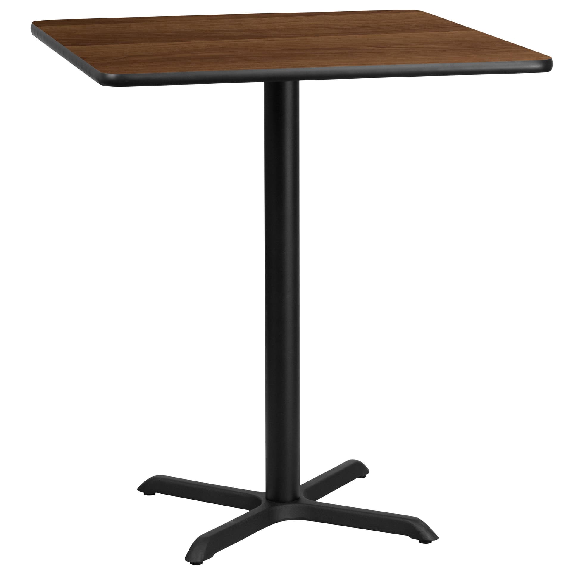 36" Square Walnut Laminate Table Top with 30" x 30" Bar Height Table Base